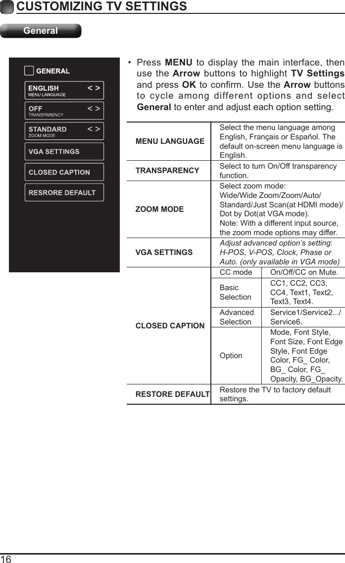 16CUSTOMIZING TV SETTINGSGeneral&bull;  Press MENU to display the main interface, then use the Arrow buttons to highlight TV Settings and press OK to conrm. Use the Arrow buttons to cycle among different options and select General to enter and adjust each option setting.  MENU LANGUAGESelect the menu language among English, Fran&ccedil;ais or Espa&ntilde;ol. The default on-screen menu language is English.TRANSPARENCY Select to turn On/Off transparency function.ZOOM MODESelect zoom mode:Wide/Wide Zoom/Zoom/Auto/ Standard/Just Scan(at HDMI mode)/Dot by Dot(at VGA mode).Note: With a different input source,the zoom mode options may differ.VGA SETTINGSAdjust advanced option&rsquo;s setting: H-POS, V-POS, Clock, Phase or Auto. (only available in VGA mode)CLOSED CAPTIONCC mode On/Off/CC on Mute.Basic SelectionCC1, CC2, CC3, CC4, Text1, Text2, Text3, Text4.Advanced SelectionService1/Service2.../Service6.OptionMode, Font Style, Font Size, Font Edge Style, Font Edge Color, FG_ Color, BG_ Color, FG_Opacity, BG_Opacity.RESTORE DEFAULT Restore the TV to factory default settings.