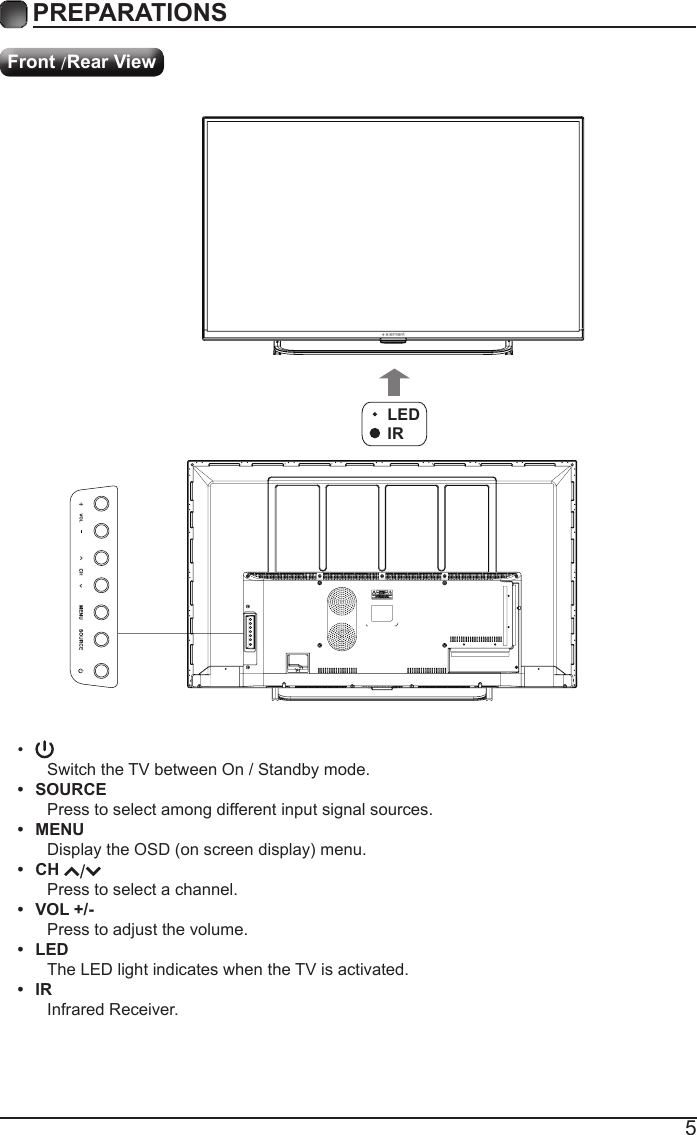 5PREPARATIONS &bull; Switch the TV between On / Standby mode.&bull;  SOURCEPress to select among different input signal sources.&bull;  MENUDisplay the OSD (on screen display) menu.&bull;  CH Press to select a channel.&bull;  VOL +/-Press to adjust the volume.&bull;  LEDThe LED light indicates when the TV is activated.&bull;  IRInfrared Receiver.Front /Rear ViewLEDIR
