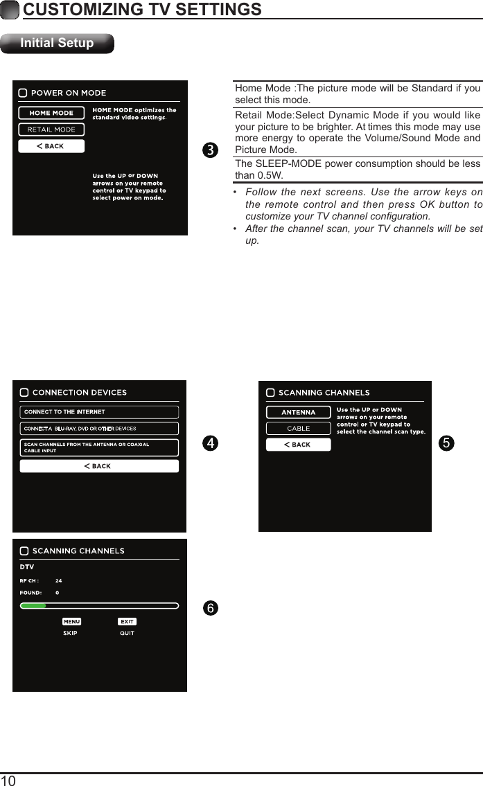 10CUSTOMIZING TV SETTINGSInitial SetupHome Mode :The picture mode will be Standard if you select this mode.Retail Mode:Select Dynamic Mode if you would like your picture to be brighter. At times this mode may use more energy to operate the Volume/Sound Mode and Picture Mode.The SLEEP-MODE power consumption should be less than 0.5W.&bull; Followthe nextscreens.Usethearrowkeysontheremotecontrol andthenpressOK buttontocustomizeyourTVchannelconguration.&bull; Afterthechannelscan,yourTVchannelswillbesetup.5