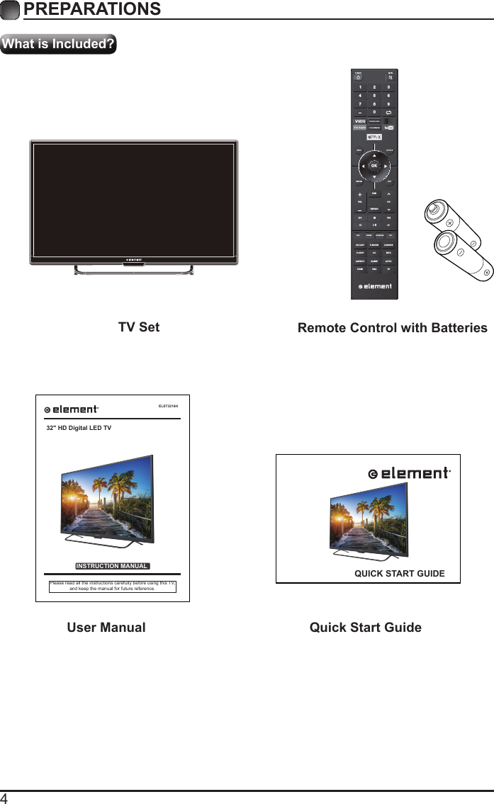 4What is Included?PREPARATIONS TV Set Remote Control with BatteriesOKMENU SOURCERETURN EXITVOLUSBREPEATCHCH.LISINFO FREEZE ADD/ERASE FAVT P.MODE S.MODEV-CHIP CC  MTSASPECTHDMI VGA TVSLEEP AUTO1 4 7 2 5 8 0 3 6 9 User Manual Quick Start GuideELST3216HINSTRUCTION MANUALPlease read all the instructions carefully before using this TV,and keep the manual for future reference.32" HD Digital LED TVQUICK START GUIDE