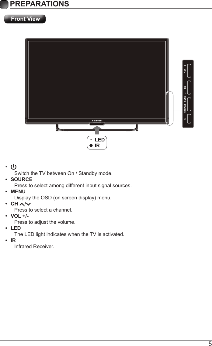5PREPARATIONS Front View&bull;Switch the TV between On / Standby mode.&bull;  SOURCEPress to select among different input signal sources.&bull;  MENUDisplaytheOSD(onscreendisplay)menu.&bull;  CH Press to select a channel.&bull;  VOL +/-Press to adjust the volume.&bull;  LEDThe LED light indicates when the TV is activated.&bull;  IRInfrared Receiver.LEDIR