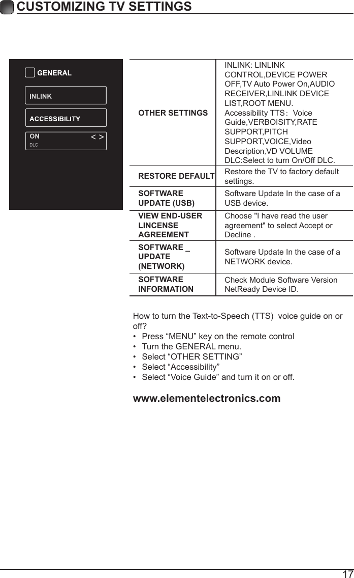 17CUSTOMIZING TV SETTINGSOTHER SETTINGSINLINK: LINLINK CONTROL,DEVICE POWER OFF,TV Auto Power On,AUDIO RECEIVER,LINLINK DEVICE LIST,ROOT MENU.Accessibility TTS：Voice Guide,VERBOISITY,RATE SUPPORT,PITCH SUPPORT,VOICE,Video Description,VD VOLUMEDLC:Select to turn On/Off DLC.RESTORE DEFAULT Restore the TV to factory default settings.SOFTWARE UPDATE(USB)Software Update In the case of a USB device.VIEW END-USERLINCENSE AGREEMENTChoose "I have read the user agreement" to select Accept or Decline .SOFTWARE _UPDATE (NETWORK)Software Update In the case of a NETWORK device.SOFTWARE INFORMATIONCheck Module Software Version NetReady Device ID.HowtoturntheText-to-Speech(TTS)voiceguideonoroff? &bull; Press &ldquo;MENU&rdquo; key on the remote control&bull; Turn the GENERAL menu.&bull; Select &ldquo;OTHER SETTING&rdquo;&bull; Select &ldquo;Accessibility&rdquo;&bull; Select &ldquo;Voice Guide&rdquo; and turn it on or off.www.elementelectronics.com 