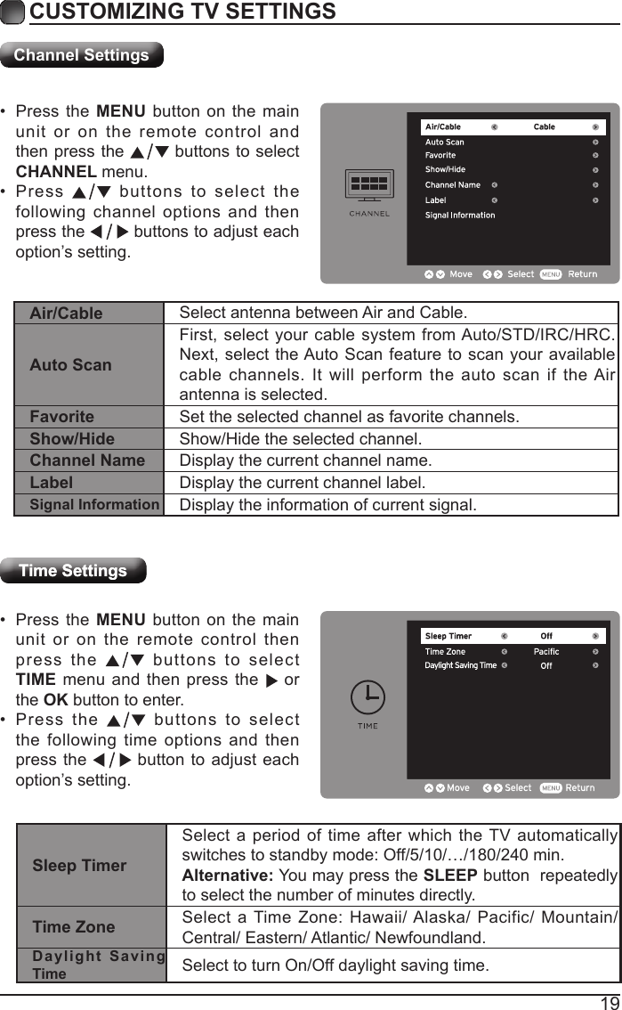 19CUSTOMIZING TV SETTINGSChannel SettingsTime SettingsTime Settings&bull; Press the MENU button on the main unit or on the remote control then press the   buttons to select  TIME menu and then press the    or the OK button to enter.&bull; Press the   buttons to select the following time options and then press the   button to adjust each option&rsquo;s setting.&bull; Press the MENU button on the main unit or on the remote control and then press the   buttons to select CHANNEL menu.&bull; Press   buttons to select the following channel options and then press the   buttons to adjust each option&rsquo;s setting.Air/Cable Select antenna between Air and Cable. Auto ScanFirst, select your cable system from Auto/STD/IRC/HRC. Next, select the Auto Scan feature to scan your available cable channels. It will perform the auto scan if the Air antenna is selected.Favorite Set the selected channel as favorite channels.Show/Hide Show/Hide the selected channel.Channel Name Display the current channel name.Label Display the current channel label.Signal Information Display the information of current signal.Sleep TimerSelect a period of time after which the TV automatically switches to standby mode: Off/5/10/&hellip;/180/240 min.Alternative: You may press the SLEEP button  repeatedly to select the number of minutes directly. Time Zone Select a Time Zone: Hawaii/ Alaska/ Pacific/ Mountain/ Central/ Eastern/ Atlantic/ Newfoundland.Daylight Saving Time Select to turn On/Off daylight saving time.