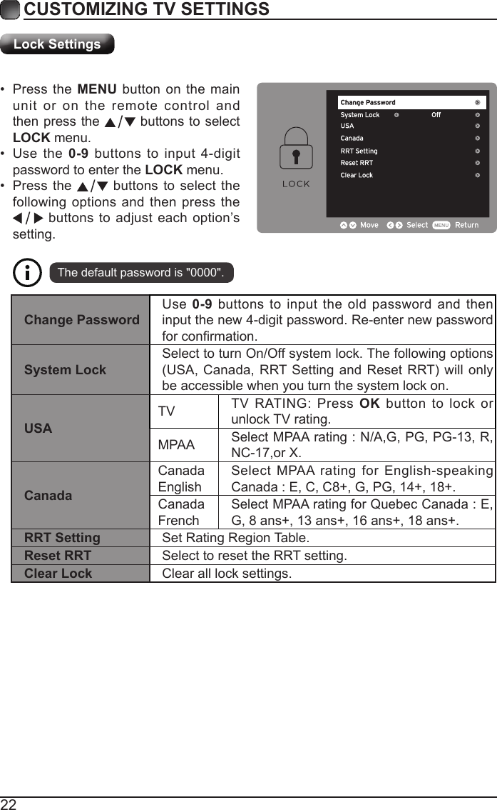 22CUSTOMIZING TV SETTINGS&bull; Press the MENU button on the main unit or on the remote control and then press the   buttons to select LOCK menu.&bull; Use the 0-9 buttons to input 4-digit password to enter the LOCK menu.&bull; Press the   buttons to select the following options and then press the  buttons to adjust each option&rsquo;s setting.The default password is "0000".Lock SettingsChange PasswordUse  0-9 buttons to input the old password and then input the new 4-digit password. Re-enter new password forconrmation.System LockSelect to turn On/Off system lock. The following options (USA,Canada,RRTSettingandResetRRT)will onlybe accessible when you turn the system lock on.USATV TV RATING: Press OK button to lock or unlock TV rating.MPAA Select MPAA rating : N/A,G, PG, PG-13, R, NC-17,or X.CanadaCanada EnglishSelect MPAA rating for English-speaking Canada : E, C, C8+, G, PG, 14+, 18+.Canada FrenchSelect MPAA rating for Quebec Canada : E, G, 8 ans+, 13 ans+, 16 ans+, 18 ans+.RRT Setting Set Rating Region Table.Reset RRT Select to reset the RRT setting.Clear Lock Clear all lock settings. 