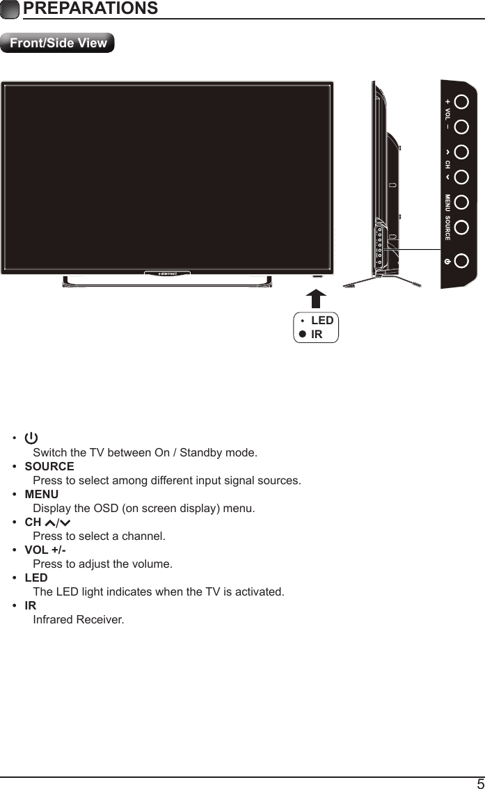 5&bull;Switch the TV between On / Standby mode.&bull;  SOURCEPress to select among different input signal sources.&bull;  MENUDisplaytheOSD(onscreendisplay)menu.&bull;  CH Press to select a channel.&bull;  VOL +/-Press to adjust the volume.&bull;  LEDThe LED light indicates when the TV is activated.&bull;  IRInfrared Receiver.PREPARATIONS Front/Side ViewLEDIR