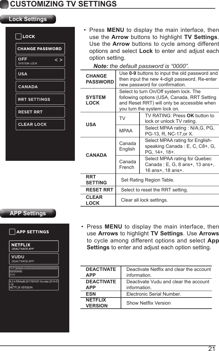21CUSTOMIZING TV SETTINGSLock Settings&bull; Press MENU to display the main interface, then use the Arrow buttons to highlight TV Settings. Use the Arrow buttons to cycle among different options and select Lock to enter and adjust each option setting.Note: the default password is &ldquo;0000&rdquo;. CHANGE PASSWORDUse 0-9 buttons to input the old password and then input the new 4-digit password. Re-enter newpasswordforconrmation.SYSTEM LOCKSelect to turn On/Off system lock. The following options (USA, Canada, RRT Setting andResetRRT)willonlybeaccessiblewhenyou turn the system lock on.USATV TV RATING: Press OK button to lock or unlock TV rating.MPAA Select MPAA rating : N/A,G, PG, PG-13, R, NC-17,or X.CANADACanada EnglishSelect MPAA rating for English-speaking Canada : E, C, C8+, G, PG, 14+, 18+.Canada FrenchSelect MPAA rating for Quebec Canada : E, G, 8 ans+, 13 ans+, 16 ans+, 18 ans+.RRT SETTING Set Rating Region Table.RESET RRT Select to reset the RRT setting.CLEAR LOCK Clear all lock settings. APP Settings&bull; Press MENU to display the main interface, then use Arrows to highlight TV Settings. Use Arrows to cycle among different options and select App Settings to enter and adjust each option setting.DEACTIVATE APPDeactivateNetixandcleartheaccountinformation.DEACTIVATE APPDeactivate Vudu and clear the account information.ESN Electronic Serial Number.NETFLIX VERSION ShowNetixVersion