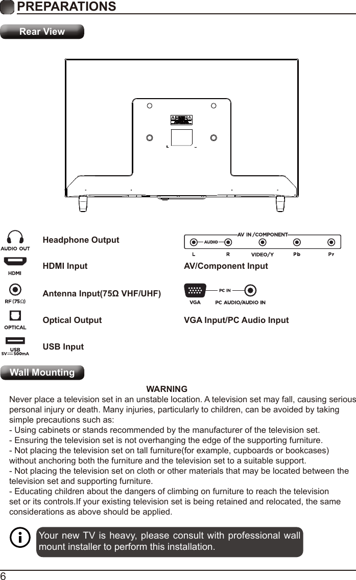 6PREPARATIONS Rear ViewYour new TV  is  heavy, please consult with professional wall mount installer to perform this installation.                                                           WARNING Never place a television set in an unstable location. A television set may fall, causing serious personal injury or death. Many injuries, particularly to children, can be avoided by taking simple precautions such as:- Using cabinets or stands recommended by the manufacturer of the television set.- Ensuring the television set is not overhanging the edge of the supporting furniture.- Not placing the television set on tall furniture(for example, cupboards or bookcases) without anchoring both the furniture and the television set to a suitable support.- Not placing the television set on cloth or other materials that may be located between the television set and supporting furniture.- Educating children about the dangers of climbing on furniture to reach the television set or its controls.If your existing television set is being retained and relocated, the same considerations as above should be applied.Wall MountingHeadphone OutputHDMI InputAntenna Input(75&Omega; VHF/UHF)Optical OutputUSB InputVGA Input/PC Audio InputAV/Component Input
