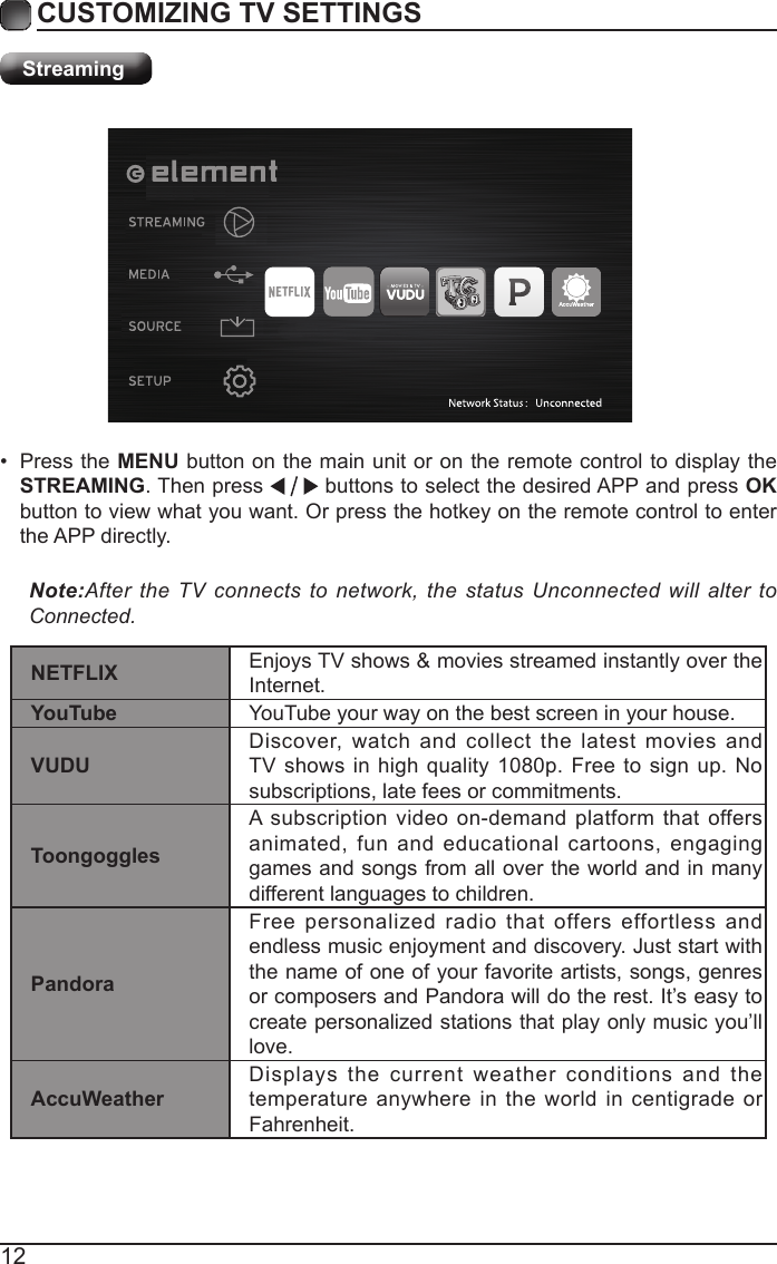 12CUSTOMIZING TV SETTINGSStreaming• Press the MENU button on the main unit or on the remote control to display the STREAMING. Then press   buttons to select the desired APP and press OK button to view what you want. Or press the hotkey on the remote control to enter the APP directly.Note:After the TV connects to network, the status Unconnected will alter to Connected.NETFLIX Enjoys TV shows &amp; movies streamed instantly over the Internet.YouTube YouTube your way on the best screen in your house.VUDUDiscover, watch and collect the latest movies and TV shows in high quality 1080p. Free to sign up. No subscriptions, late fees or commitments. ToongogglesA subscription video on-demand platform that offers animated, fun and educational cartoons, engaging games and songs from all over the world and in many different languages to children.PandoraFree personalized radio that offers effortless and endless music enjoyment and discovery. Just start with the name of one of your favorite artists, songs, genres or composers and Pandora will do the rest. It’s easy to create personalized stations that play only music you’ll love.AccuWeatherDisplays the current weather conditions and the temperature anywhere in the world in centigrade or Fahrenheit.