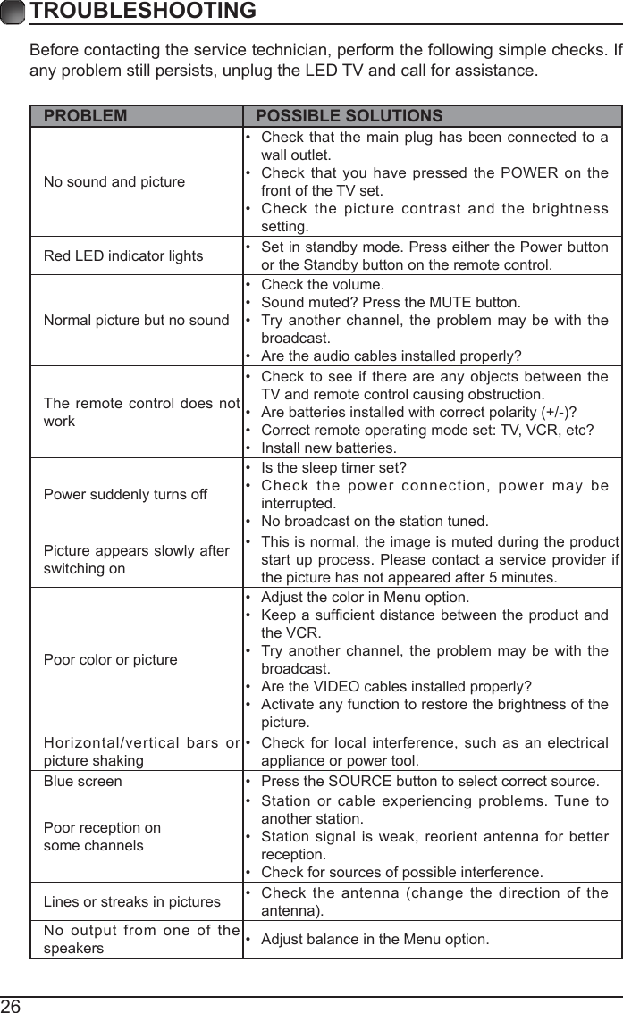 26Before contacting the service technician, perform the following simple checks. If any problem still persists, unplug the LED TV and call for assistance.PROBLEM POSSIBLE SOLUTIONSNo sound and picture&bull; Check that the main plug has been connected to a wall outlet.&bull; Check that you have pressed the POWER on the front of the TV set.&bull; Check the picture contrast and the brightness setting.Red LED indicator lights &bull; Set in standby mode. Press either the Power button or the Standby button on the remote control. Normal picture but no sound&bull; Check the volume.&bull; Sound muted? Press the MUTE button. &bull; Try another channel, the problem may be with the broadcast. &bull; Are the audio cables installed properly? The remote control does not work&bull; Check to see if there are any objects between the TV and remote control causing obstruction. &bull; Arebatteriesinstalledwithcorrectpolarity(+/-)?&bull; Correct remote operating mode set: TV, VCR, etc?&bull; Install new batteries. Power suddenly turns off &bull; Is the sleep timer set?&bull; Check the power connection, power may be interrupted. &bull; No broadcast on the station tuned. Picture appears slowly after switching on &bull; This is normal, the image is muted during the product start up process. Please contact a service provider if the picture has not appeared after 5 minutes. Poor color or picture&bull; Adjust the color in Menu option.&bull; Keepasufcientdistancebetweentheproductandthe VCR.&bull; Try another channel, the problem may be with the broadcast.&bull; Are the VIDEO cables installed properly?&bull; Activate any function to restore the brightness of the picture.Horizontal/vertical bars or picture shaking&bull; Check for local interference, such as an electrical appliance or power tool.Blue screen  &bull; Press the SOURCE button to select correct source.Poor reception on some channels&bull; Station or cable experiencing problems. Tune to another station.&bull; Station signal is weak, reorient antenna for better reception.&bull; Check for sources of possible interference. Lines or streaks in pictures &bull; Check the antenna (change the direction of the antenna).No output from one of the speakers &bull; Adjust balance in the Menu option.TROUBLESHOOTING 
