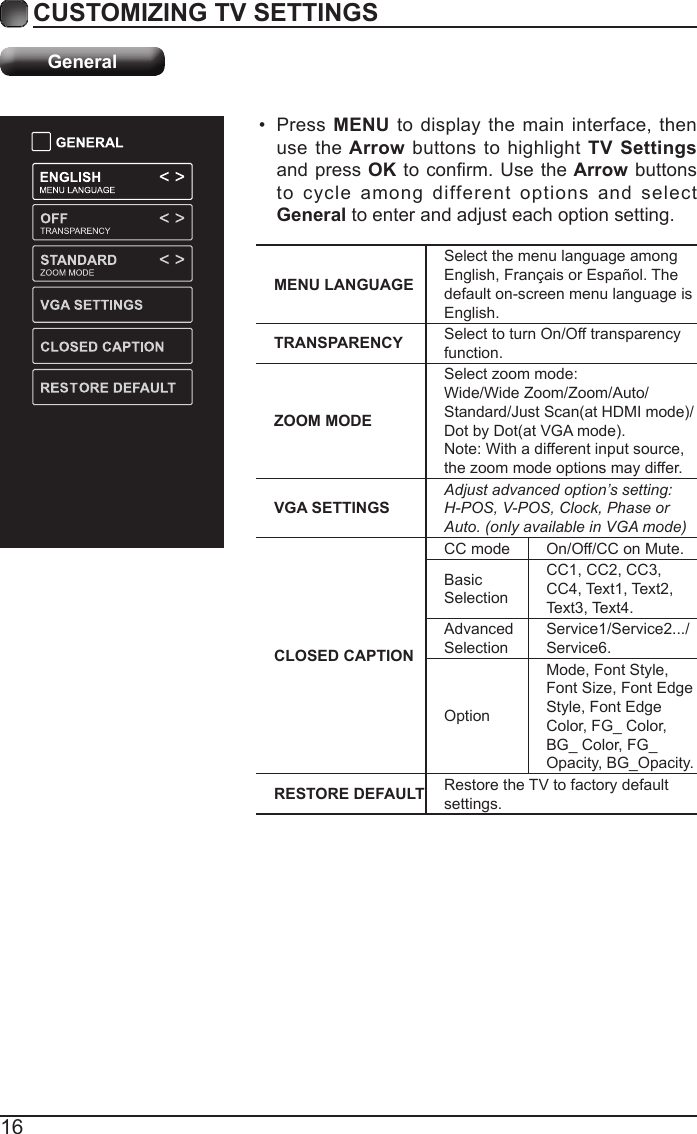 16CUSTOMIZING TV SETTINGSGeneral&bull;  Press MENU to display the main interface, then use the Arrow buttons to highlight TV Settings and press OK to conrm. Use the Arrow buttons to cycle among different options and select General to enter and adjust each option setting.  MENU LANGUAGESelect the menu language among English, Fran&ccedil;ais or Espa&ntilde;ol. The default on-screen menu language is English.TRANSPARENCY Select to turn On/Off transparency function.ZOOM MODESelect zoom mode:Wide/Wide Zoom/Zoom/Auto/ Standard/Just Scan(at HDMI mode)/Dot by Dot(at VGA mode).Note: With a different input source,the zoom mode options may differ.VGA SETTINGSAdjust advanced option&rsquo;s setting: H-POS, V-POS, Clock, Phase or Auto. (only available in VGA mode)CLOSED CAPTIONCC mode On/Off/CC on Mute.Basic SelectionCC1, CC2, CC3, CC4, Text1, Text2, Text3, Text4.Advanced SelectionService1/Service2.../Service6.OptionMode, Font Style, Font Size, Font Edge Style, Font Edge Color, FG_ Color, BG_ Color, FG_Opacity, BG_Opacity.RESTORE DEFAULT Restore the TV to factory default settings.