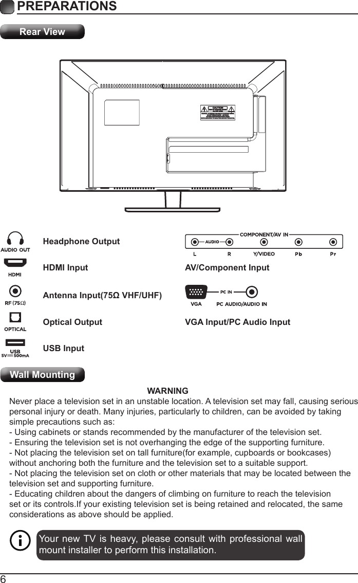 6PREPARATIONS Rear ViewYour new TV is heavy, please consult with professional wall mount installer to perform this installation.                                                           WARNING Never place a television set in an unstable location. A television set may fall, causing serious personal injury or death. Many injuries, particularly to children, can be avoided by taking simple precautions such as:- Using cabinets or stands recommended by the manufacturer of the television set.- Ensuring the television set is not overhanging the edge of the supporting furniture.- Not placing the television set on tall furniture(for example, cupboards or bookcases) without anchoring both the furniture and the television set to a suitable support.- Not placing the television set on cloth or other materials that may be located between the television set and supporting furniture.- Educating children about the dangers of climbing on furniture to reach the television set or its controls.If your existing television set is being retained and relocated, the same considerations as above should be applied.Wall MountingHeadphone OutputHDMI InputAntenna Input(75&Omega; VHF/UHF)Optical OutputUSB InputVGA Input/PC Audio InputAV/Component Input