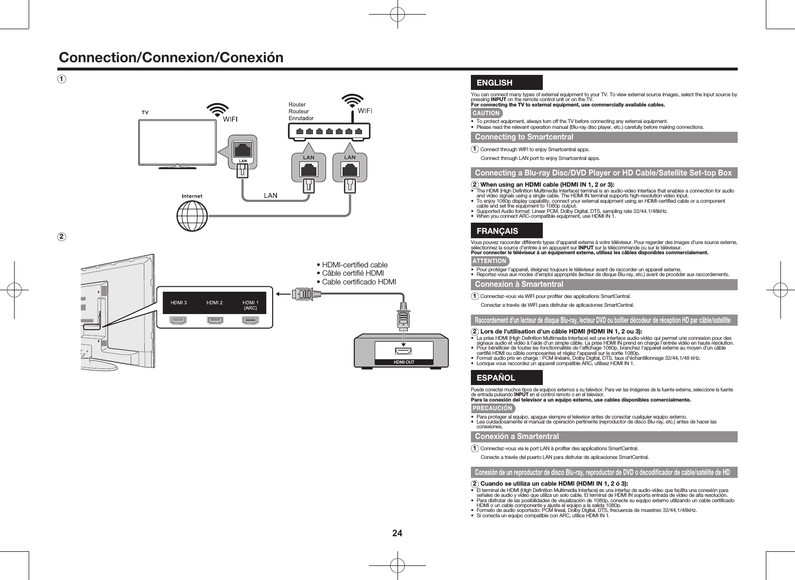24Connection/Connexion/Conexi&oacute;n2  HDMI OUT&bull; HDMI-certiﬁed cable&bull; C&acirc;ble certiﬁ&eacute; HDMI&bull; Cable certiﬁcado HDMI  ENGLISHYou can connect many types of external equipment to your TV. To view external source images, select the input source by pressing INPUT on the remote control unit or on the TV.For connecting the TV to external equipment, use commercially available cables.CAUTION&bull;  To protect equipment, always turn off the TV before connecting any external equipment.&bull;  Please read the relevant operation manual (Blu-ray disc player, etc.) carefully before making connections.Connecting to Smartcentral1 Connect through WIFI to enjoy Smartcentral apps.       Connect through LAN port to enjoy Smartcentral apps.Connecting a Blu-ray Disc/DVD Player or HD Cable/Satellite Set-top Box2 When using an HDMI cable (HDMI IN 1, 2 or 3):&bull;  The HDMI (High Deﬁnition Multimedia Interface) terminal is an audio-video interface that enables a connection for audio and video signals using a single cable. The HDMI IN terminal supports high-resolution video input.&bull;  To enjoy 1080p display capability, connect your external equipment using an HDMI-certiﬁed cable or a component cable and set the equipment to 1080p output.&bull;  Supported Audio format: Linear PCM, Dolby Digital, DTS, sampling rate 32/44.1/48kHz.&bull;  When you connect ARC-compatible equipment, use HDMI IN 1.FRAN&Ccedil;AISVous pouvez raccorder diff&eacute;rents types d'appareil externe &agrave; votre t&eacute;l&eacute;viseur. Pour regarder des images d'une source externe, s&eacute;lectionnez la source d'entr&eacute;e &agrave; en appuyant sur INPUT sur la t&eacute;l&eacute;commande ou sur le t&eacute;l&eacute;viseur.Pour connecter le t&eacute;l&eacute;viseur &agrave; un &eacute;quipement externe, utilisez les c&acirc;bles disponibles commercialement.ATTENTION&bull;  Pour prot&eacute;ger l'appareil, &eacute;teignez toujours le t&eacute;l&eacute;viseur avant de raccorder un appareil externe.&bull;  Reportez-vous aux modes d'emploi appropri&eacute;s (lecteur de disque Blu-ray, etc.) avant de proc&eacute;der aux raccordements.Connexion &agrave; Smartentral1 Connectez-vous via WIFI pour proﬁter des applications SmartCentral.       Conectar a trav&eacute;s de WIFI para disfrutar de aplicaciones SmartCentral.Raccordement d'un lecteur de disque Blu-ray, lecteur DVD ou bo&icirc;tier d&eacute;codeur de r&eacute;ception HD par c&acirc;ble/satellite2 Lors de l'utilisation d'un c&acirc;ble HDMI (HDMI IN 1, 2 ou 3):&bull;  La prise HDMI (High Deﬁnition Multimedia Interface) est une interface audio-vid&eacute;o qui permet une connexion pour des signaux audio et vid&eacute;o &agrave; l'aide d'un simple c&acirc;ble. La prise HDMI IN prend en charge l'entr&eacute;e vid&eacute;o en haute r&eacute;solution.&bull;  Pour b&eacute;n&eacute;ﬁcier de toutes les fonctionnalit&eacute;s de l'afﬁchage 1080p, branchez l'appareil externe au moyen d'un c&acirc;ble certiﬁ&eacute; HDMI ou c&acirc;ble composantes et r&eacute;glez l'appareil sur la sortie 1080p.&bull;  Format audio pris en charge : PCM lin&eacute;aire, Dolby Digital, DTS, taux d'&eacute;chantillonnage 32/44,1/48 kHz.&bull;  Lorsque vous raccordez un appareil compatible ARC, utilisez HDMI IN 1.ESPA&Ntilde;OLPuede conectar muchos tipos de equipos externos a su televisor. Para ver las im&aacute;genes de la fuente externa, seleccione la fuente de entrada pulsando INPUT en el control remoto o en el televisor.Para la conexi&oacute;n del televisor a un equipo externo, use cables disponibles comercialmente.PRECAUCI&Oacute;N&bull;  Para proteger al equipo, apague siempre el televisor antes de conectar cualquier equipo externo.&bull;  Lea cuidadosamente el manual de operaci&oacute;n pertinente (reproductor de disco Blu-ray, etc.) antes de hacer las conexiones.Conexi&oacute;n a Smartentral1 Connectez-vous via le port LAN &agrave; proﬁter des applications SmartCentral.       Conecte a trav&eacute;s del puerto LAN para disfrutar de aplicaciones SmartCentral.Conexi&oacute;n de un reproductor de disco Blu-ray, reproductor de DVD o decodiﬁcador de cable/sat&eacute;lite de HD2 Cuando se utiliza un cable HDMI (HDMI IN 1, 2 &oacute; 3):&bull;  El terminal de HDMI (High Deﬁnition Multimedia Interface) es una interfaz de audio-v&iacute;deo que facilita una conexi&oacute;n para se&ntilde;ales de audio y v&iacute;deo que utiliza un solo cable. El terminal de HDMI IN soporta entrada de v&iacute;deo de alta resoluci&oacute;n.&bull;  Para disfrutar de las posibilidades de visualizaci&oacute;n de 1080p, conecte su equipo externo utilizando un cable certiﬁcado HDMI o un cable componente y ajuste el equipo a la salida 1080p.&bull;  Formato de audio soportado: PCM lineal, Dolby Digital, DTS, frecuencia de muestreo 32/44,1/48kHz.&bull;  Si conecta un equipo compatible con ARC, utilice HDMI IN 1. 1