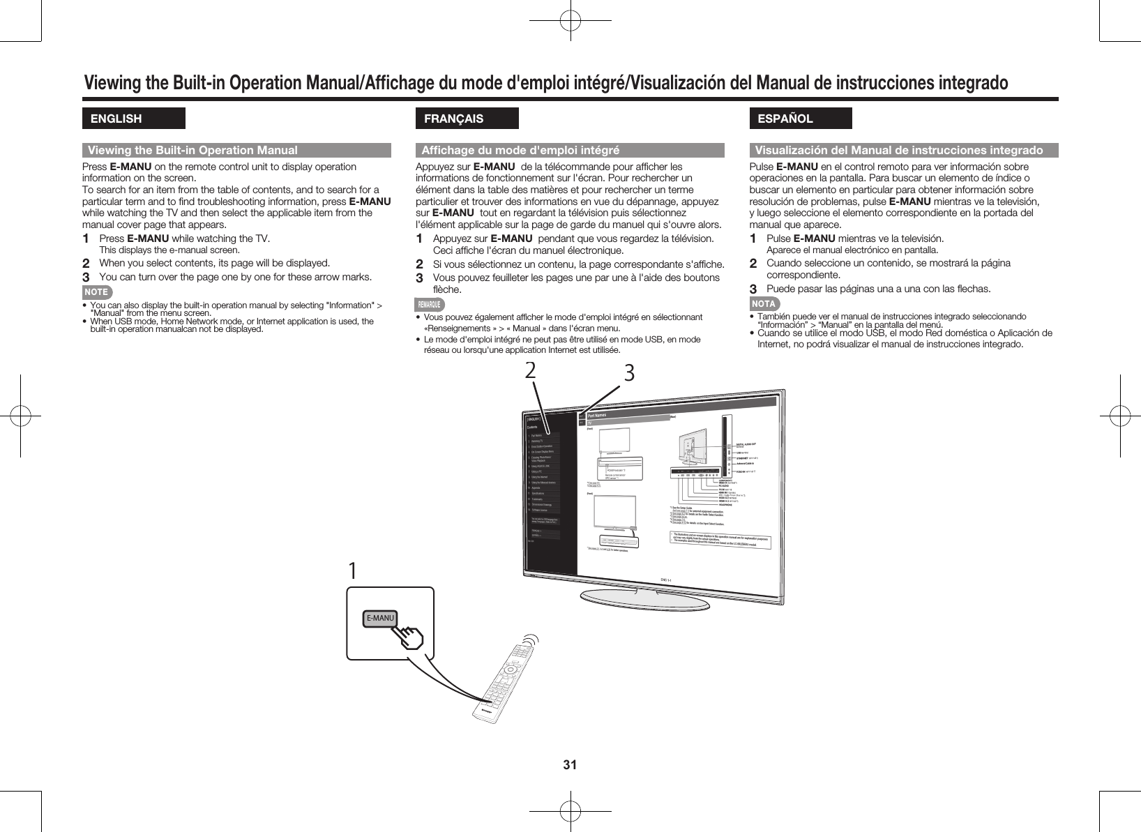 31Viewing the Built-in Operation Manual/Afﬁchage du mode d'emploi int&eacute;gr&eacute;/Visualizaci&oacute;n del Manual de instrucciones integradoENGLISHViewing the Built-in Operation ManualPress E-MANU on the remote control unit to display operation information on the screen.To search for an item from the table of contents, and to search for a particular term and to ﬁnd troubleshooting information, press E-MANU while watching the TV and then select the applicable item from the manual cover page that appears.1 Press E-MANU while watching the TV.This displays the e-manual screen.2  When you select contents, its page will be displayed.3  You can turn over the page one by one for these arrow marks.NOTE&bull;  You can also display the built-in operation manual by selecting "Information" > "Manual" from the menu screen.&bull;  When USB mode, Home Network mode, or Internet application is used, the built-in operation manualcan not be displayed.FRAN&Ccedil;AISAfﬁchage du mode d'emploi int&eacute;gr&eacute;Appuyez sur E-MANU  de la t&eacute;l&eacute;commande pour afﬁcher les informations de fonctionnement sur l'&eacute;cran. Pour rechercher un &eacute;l&eacute;ment dans la table des mati&egrave;res et pour rechercher un terme particulier et trouver des informations en vue du d&eacute;pannage, appuyez sur E-MANU  tout en regardant la t&eacute;l&eacute;vision puis s&eacute;lectionnez l'&eacute;l&eacute;ment applicable sur la page de garde du manuel qui s'ouvre alors.1  Appuyez sur E-MANU  pendant que vous regardez la t&eacute;l&eacute;vision. Ceci afﬁche l'&eacute;cran du manuel &eacute;lectronique.2  Si vous s&eacute;lectionnez un contenu, la page correspondante s'afﬁche.3  Vous pouvez feuilleter les pages une par une &agrave; l'aide des boutons ﬂ&egrave;che.REMARQUE&bull;  Vous pouvez &eacute;galement afﬁcher le mode d'emploi int&eacute;gr&eacute; en s&eacute;lectionnant &laquo;Renseignements &raquo; > &laquo; Manual &raquo; dans l'&eacute;cran menu.&bull;  Le mode d'emploi int&eacute;gr&eacute; ne peut pas &ecirc;tre utilis&eacute; en mode USB, en mode r&eacute;seau ou lorsqu'une application Internet est utilis&eacute;e.ESPA&Ntilde;OLVisualizaci&oacute;n del Manual de instrucciones integradoPulse E-MANU en el control remoto para ver informaci&oacute;n sobre operaciones en la pantalla. Para buscar un elemento de &iacute;ndice o buscar un elemento en particular para obtener informaci&oacute;n sobre resoluci&oacute;n de problemas, pulse E-MANU mientras ve la televisi&oacute;n, y luego seleccione el elemento correspondiente en la portada del manual que aparece.1 Pulse E-MANU mientras ve la televisi&oacute;n.Aparece el manual electr&oacute;nico en pantalla.2  Cuando seleccione un contenido, se mostrar&aacute; la p&aacute;gina correspondiente.3  Puede pasar las p&aacute;ginas una a una con las ﬂechas.NOTA&bull;  Tambi&eacute;n puede ver el manual de instrucciones integrado seleccionando &ldquo;Informaci&oacute;n&rdquo; > &ldquo;Manual&rdquo; en la pantalla del men&uacute;.&bull; Cuando se utilice el modo USB, el modo Red dom&eacute;stica o Aplicaci&oacute;n de Internet, no podr&aacute; visualizar el manual de instrucciones integrado.1E-MANU32
