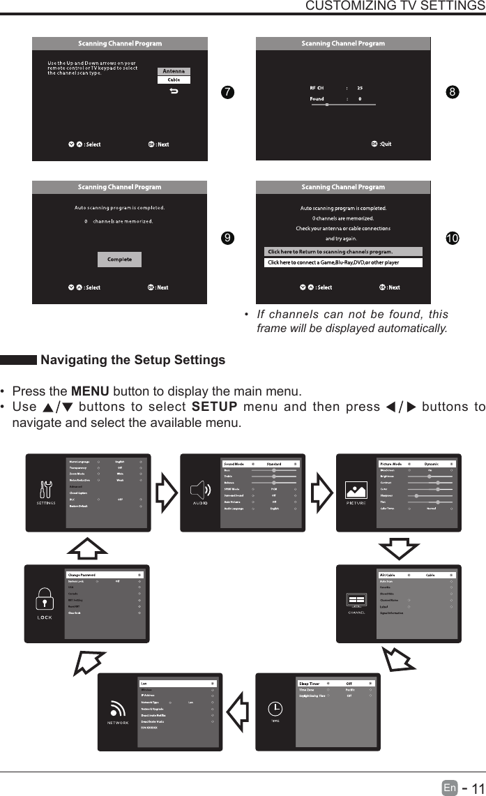       11En   -   CUSTOMIZING TV SETTINGS&bull;  If  channels can  not  be  found,  this frame will be displayed automatically.  Navigating the Setup Settings&bull; Press the MENU button to display the main menu. &bull; Use   buttons to select SETUP menu and then press   buttons to navigate and select the available menu.9876789