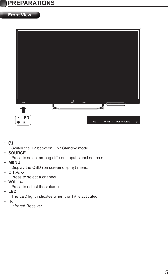 5&bull;Switch the TV between On / Standby mode.&bull;  SOURCEPress to select among different input signal sources.&bull;  MENUDisplaytheOSD(onscreendisplay)menu.&bull;  CH Press to select a channel.&bull;  VOL +/-Press to adjust the volume.&bull;  LEDThe LED light indicates when the TV is activated.&bull;  IRInfrared Receiver.PREPARATIONS Front ViewLEDIR