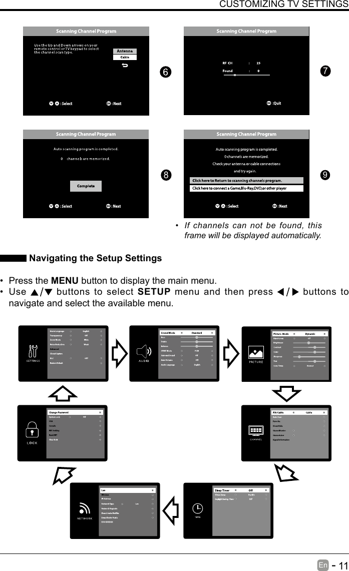       11En   -   CUSTOMIZING TV SETTINGS&bull; If channels can not be found, this frame will be displayed automatically.  Navigating the Setup Settings&bull; Press the MENU button to display the main menu. &bull; Use   buttons to select SETUP menu and then press   buttons to navigate and select the available menu.789