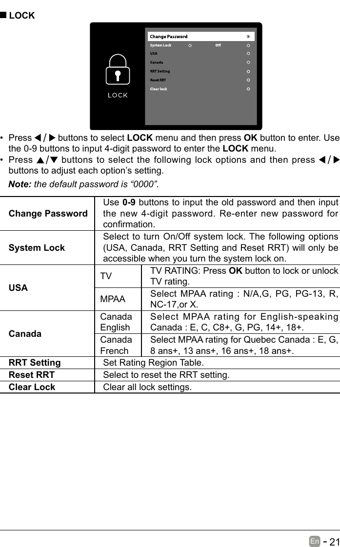       21En   -   &bull; Press   buttons to select LOCK menu and then press OK button to enter. Use the 0-9 buttons to input 4-digit password to enter the LOCK menu.&bull; Press   buttons to select the following lock options and then press buttons to adjust each option&rsquo;s setting. LOCKNote: the default password is &ldquo;0000&rdquo;. Change PasswordUse 0-9 buttons to input the old password and then input the new 4-digit password. Re-enter new password for conrmation.System LockSelect to turn On/Off system lock. The following options (USA,Canada,RRTSettingandResetRRT)willonlybeaccessible when you turn the system lock on.USATV TV RATING: Press OK button to lock or unlock TV rating.MPAA Select MPAA rating : N/A,G, PG, PG-13, R, NC-17,or X.CanadaCanada EnglishSelect MPAA rating for English-speaking Canada : E, C, C8+, G, PG, 14+, 18+.Canada FrenchSelect MPAA rating for Quebec Canada : E, G, 8 ans+, 13 ans+, 16 ans+, 18 ans+.RRT Setting Set Rating Region Table.Reset RRT Select to reset the RRT setting.Clear Lock Clear all lock settings. 