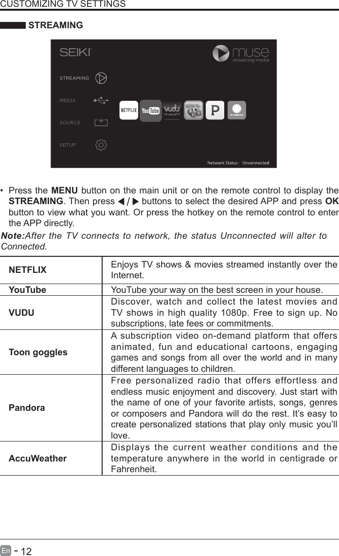       12En   -    STREAMINGNETFLIX Enjoys TV shows &amp; movies streamed instantly over the Internet.YouTube YouTube your way on the best screen in your house.VUDUDiscover, watch and collect the latest movies and TV shows in high quality 1080p. Free to sign up. No subscriptions, late fees or commitments. Toon gogglesA subscription video on-demand platform that offers animated, fun and educational cartoons, engaging games and songs from all over the world and in many different languages to children.PandoraFree personalized radio that offers effortless and endless music enjoyment and discovery. Just start with the name of one of your favorite artists, songs, genres or composers and Pandora will do the rest. It&rsquo;s easy to create personalized stations that play only music you&rsquo;ll love.AccuWeatherDisplays the current weather conditions and the temperature anywhere in the world in centigrade or Fahrenheit.CUSTOMIZING TV SETTINGS&bull; Press the MENU button on the main unit or on the remote control to display the STREAMING. Then press   buttons to select the desired APP and press OK button to view what you want. Or press the hotkey on the remote control to enter the APP directly.Note:After the TV connects to network, the status Unconnected will alter to Connected.