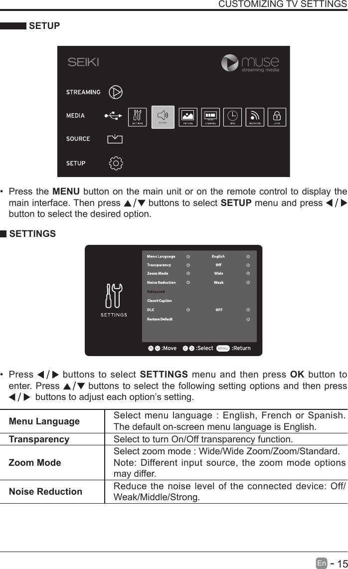       15En   -    SETUPCUSTOMIZING TV SETTINGS&bull; Press the MENU button on the main unit or on the remote control to display the main interface. Then press   buttons to select SETUP menu and press    button to select the desired option.  SETTINGS&bull; Press   buttons to select SETTINGS menu and then press OK button to enter. Press   buttons to select the following setting options and then press   buttons to adjust each option&rsquo;s setting. Menu Language Select menu language : English, French or Spanish. The default on-screen menu language is English.Transparency Select to turn On/Off transparency function.Zoom ModeSelect zoom mode : Wide/Wide Zoom/Zoom/Standard.Note: Different input source, the zoom mode options may differ.Noise Reduction Reduce the noise level of the connected device: Off/Weak/Middle/Strong.