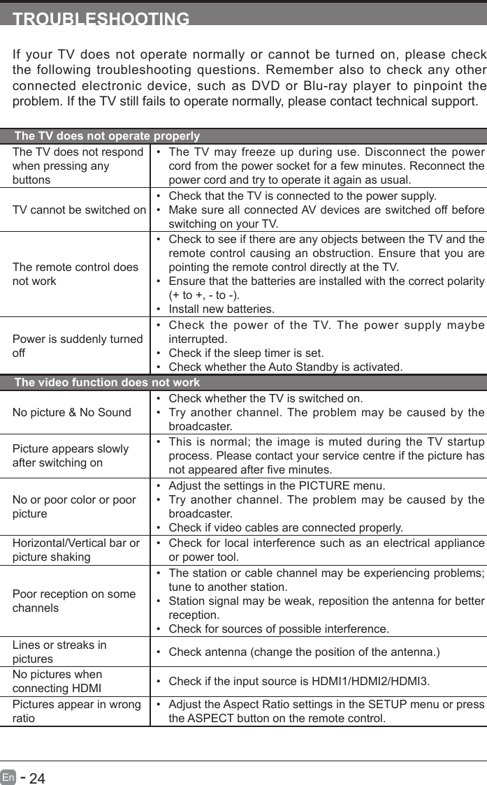      24En   -   TROUBLESHOOTINGIf your TV does not operate normally or cannot be turned on, please check the following troubleshooting questions. Remember also to check any other connected electronic device, such as DVD or Blu-ray player to pinpoint the problem. If the TV still fails to operate normally, please contact technical support.The TV does not operate properlyThe TV does not respond when pressing any buttons&bull; The TV may freeze up during use. Disconnect the power cord from the power socket for a few minutes. Reconnect the power cord and try to operate it again as usual.TV cannot be switched on&bull; Check that the TV is connected to the power supply.&bull; Make sure all connected AV devices are switched off before switching on your TV.The remote control does not work&bull; Check to see if there are any objects between the TV and the remote control causing an obstruction. Ensure that you are pointing the remote control directly at the TV.&bull; Ensure that the batteries are installed with the correct polarity (+ to +, - to -). &bull; Install new batteries. Power is suddenly turned off&bull; Check the power of the TV. The power supply maybe interrupted.&bull; Check if the sleep timer is set.&bull; Check whether the Auto Standby is activated. The video function does not workNo picture &amp; No Sound&bull; Check whether the TV is switched on.&bull; Try another channel. The problem may be caused by the broadcaster.Picture appears slowly after switching on&bull; This is normal; the image is muted during the TV startup process. Please contact your service centre if the picture has notappearedafterveminutes.No or poor color or poor picture&bull; Adjust the settings in the PICTURE menu.&bull; Try another channel. The problem may be caused by the broadcaster.&bull; Check if video cables are connected properly.Horizontal/Vertical bar or picture shaking&bull; Check for local interference such as an electrical appliance or power tool.Poor reception on some channels&bull; The station or cable channel may be experiencing problems; tune to another station.&bull; Station signal may be weak, reposition the antenna for better reception.&bull; Check for sources of possible interference.Lines or streaks in pictures &bull; Check antenna (change the position of the antenna.)No pictures when connecting HDMI &bull; Check if the input source is HDMI1/HDMI2/HDMI3.Pictures appear in wrong ratio&bull; Adjust the Aspect Ratio settings in the SETUP menu or press the ASPECT button on the remote control.