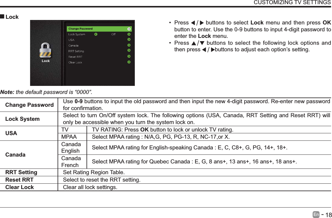       18En   -   CUSTOMIZING TV SETTINGS Press   buttons to select Lock menu and then press OK button to enter. Use the 0-9 buttons to input 4-digit password to enter the Lock menu. Press   buttons to select the following lock options and then press  buttons to adjust each option&rsquo;s setting. LockNote: the default password is &ldquo;0000&rdquo;. Change Password Use 0-9 buttons to input the old password and then input the new 4-digit password. Re-enter new password Lock System only be accessible when you turn the system lock on.USA TV TV RATING: Press OK button to lock or unlock TV rating.MPAA Select MPAA rating : N/A,G, PG, PG-13, R, NC-17,or X.CanadaCanada English Select MPAA rating for English-speaking Canada : E, C, C8+, G, PG, 14+, 18+.Canada French Select MPAA rating for Quebec Canada : E, G, 8 ans+, 13 ans+, 16 ans+, 18 ans+.RRT Setting Set Rating Region Table.Reset RRT Select to reset the RRT setting.Clear Lock Clear all lock settings. 