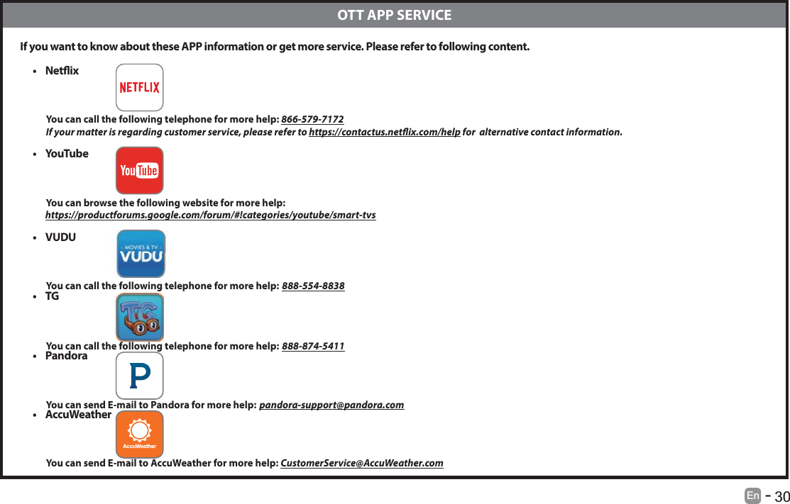       30En   -    If you want to know about these APP information or get more service. Please refer to following content.t Netix          You can call the following telephone for more help: 866-579-7172         If your matter is regarding customer service, please refer to https://contactus.netix.com/help for  alternative contact information.t YouTu be           You can browse the following website for more help:         https://productforums.google.com/forum/#!categories/youtube/smart-tvst VUDU          You can call the following telephone for more help: 888-554-8838t TG          You can call the following telephone for more help: 888-874-5411t Pandora          You can send E-mail to Pandora for more help: pandora-support@pandora.comt AccuWeather          You can send E-mail to AccuWeather for more help: CustomerService@AccuWeather.com  OTT APP SERVICE