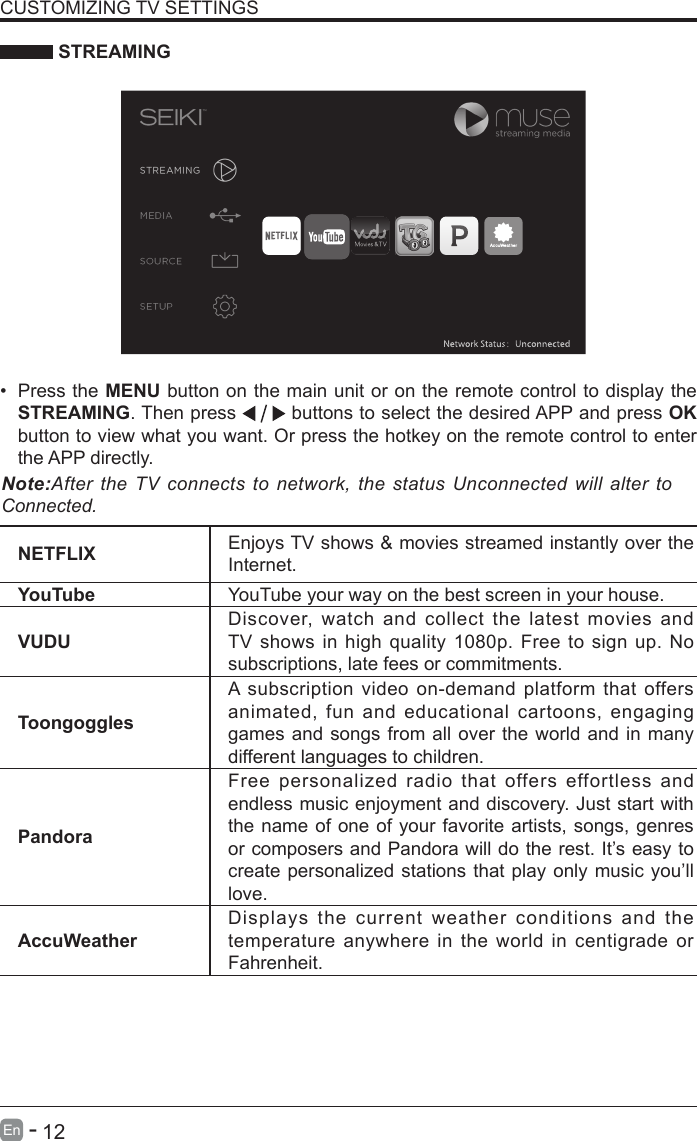       12En   -    STREAMINGNETFLIX Enjoys TV shows &amp; movies streamed instantly over the Internet.YouTube YouTube your way on the best screen in your house.VUDUDiscover, watch and collect the latest movies and TV shows in high quality 1080p. Free to sign up. No subscriptions, late fees or commitments. ToongogglesA subscription video on-demand platform that offers animated, fun and educational cartoons, engaging games and songs from all over the world and in many different languages to children.PandoraFree personalized radio that offers effortless and endless music enjoyment and discovery. Just start with the name of one of your favorite artists, songs, genres or composers and Pandora will do the rest. It&rsquo;s easy to create personalized stations that play only music you&rsquo;ll love.AccuWeatherDisplays the current weather conditions and the temperature anywhere in the world in centigrade or Fahrenheit.CUSTOMIZING TV SETTINGS&bull; Press the MENU button on the main unit or on the remote control to display the STREAMING. Then press   buttons to select the desired APP and press OK button to view what you want. Or press the hotkey on the remote control to enter the APP directly.Note:After the TV connects to network, the status Unconnected will alter to Connected.