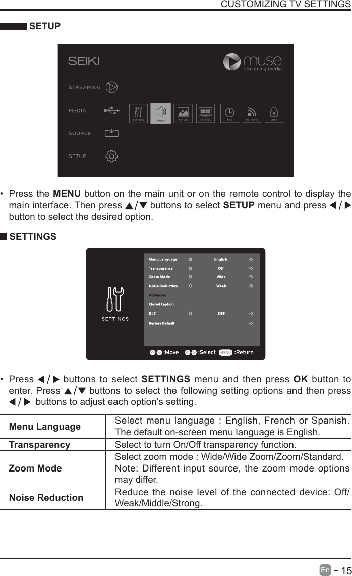       15En   -    SETUPCUSTOMIZING TV SETTINGS&bull; Press the MENU button on the main unit or on the remote control to display the main interface. Then press   buttons to select SETUP menu and press    button to select the desired option.  SETTINGS&bull; Press   buttons to select SETTINGS menu and then press OK button to enter. Press   buttons to select the following setting options and then press   buttons to adjust each option&rsquo;s setting. Menu Language Select menu language : English, French or Spanish. The default on-screen menu language is English.Transparency Select to turn On/Off transparency function.Zoom ModeSelect zoom mode : Wide/Wide Zoom/Zoom/Standard.Note: Different input source, the zoom mode options may differ.Noise Reduction Reduce the noise level of the connected device: Off/Weak/Middle/Strong.