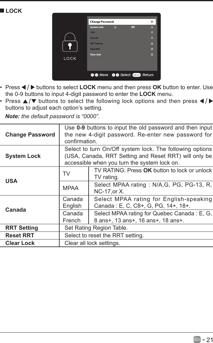       21En   -   &bull; Press   buttons to select LOCK menu and then press OK button to enter. Use the 0-9 buttons to input 4-digit password to enter the LOCK menu.&bull; Press   buttons to select the following lock options and then press buttons to adjust each option&rsquo;s setting. LOCKNote: the default password is &ldquo;0000&rdquo;. Change PasswordUse 0-9 buttons to input the old password and then input the new 4-digit password. Re-enter new password for conrmation.System LockSelect to turn On/Off system lock. The following options (USA,Canada,RRTSettingandResetRRT)willonlybeaccessible when you turn the system lock on.USATV TV RATING: Press OK button to lock or unlock TV rating.MPAA Select MPAA rating : N/A,G, PG, PG-13, R, NC-17,or X.CanadaCanada EnglishSelect MPAA rating for English-speaking Canada : E, C, C8+, G, PG, 14+, 18+.Canada FrenchSelect MPAA rating for Quebec Canada : E, G, 8 ans+, 13 ans+, 16 ans+, 18 ans+.RRT Setting Set Rating Region Table.Reset RRT Select to reset the RRT setting.Clear Lock Clear all lock settings. 