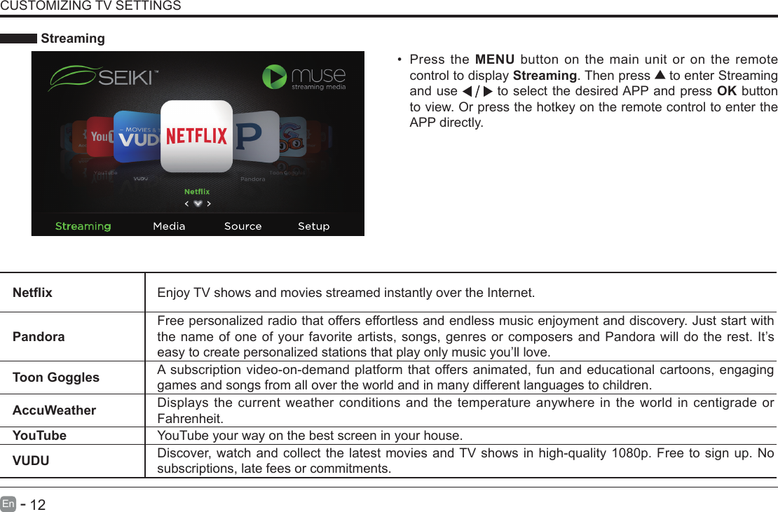      12En   -   CUSTOMIZING TV SETTINGS Streaming&bull; Press the MENU button on the main unit or on the remote control to display Streaming. Then press   to enter Streaming and use   to select the desired APP and press OK button to view. Or press the hotkey on the remote control to enter the APP directly.Netix Enjoy TV shows and movies streamed instantly over the Internet.PandoraFree personalized radio that offers effortless and endless music enjoyment and discovery. Just start with the name of one of your favorite artists, songs, genres or composers and Pandora will do the rest. It&rsquo;s easy to create personalized stations that play only music you&rsquo;ll love.Toon Goggles A subscription video-on-demand platform that offers animated, fun and educational cartoons, engaging games and songs from all over the world and in many different languages to children. AccuWeather Displays the current weather conditions and the temperature anywhere in the world in centigrade or Fahrenheit.YouTube YouTube your way on the best screen in your house.VUDU Discover, watch and collect the latest movies and TV shows in high-quality 1080p. Free to sign up. No subscriptions, late fees or commitments.