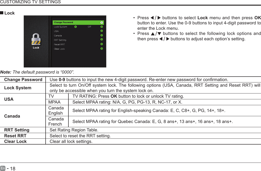       18En   -   CUSTOMIZING TV SETTINGS&bull; Press   buttons to select Lock menu and then press OK button to enter. Use the 0-9 buttons to input 4-digit password to enter the Lock menu.&bull; Press   buttons to select the following lock options and then press   buttons to adjust each option&rsquo;s setting. LockNote: The default password is &ldquo;0000&rdquo;. Change Password Use 0-9buttonstoinputthenew4-digitpassword.Re-enternewpasswordforconrmation.Lock System SelecttoturnOn/Offsystemlock.Thefollowingoptions(USA,Canada,RRTSettingandResetRRT)willonly be accessible when you turn the system lock on.USA TV TV RATING: Press OK button to lock or unlock TV rating.MPAA Select MPAA rating: N/A, G, PG, PG-13, R, NC-17, or X.CanadaCanada English Select MPAA rating for English-speaking Canada: E, C, C8+, G, PG, 14+, 18+.Canada French Select MPAA rating for Quebec Canada: E, G, 8 ans+, 13 ans+, 16 ans+, 18 ans+.RRT Setting Set Rating Region Table.Reset RRT Select to reset the RRT setting.Clear Lock Clear all lock settings. 