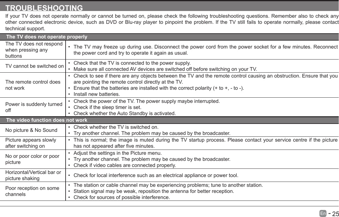       25En   -   TROUBLESHOOTINGIf your TV does not operate normally or cannot be turned on, please check the following troubleshooting questions. Remember also to check any other connected electronic device, such as DVD or Blu-ray player to pinpoint the problem. If the TV still fails to operate normally, please contact technical support.The TV does not operate properlyThe TV does not respond when pressing any buttons&bull; The TV may freeze up during use. Disconnect the power cord from the power socket for a few minutes. Reconnect the power cord and try to operate it again as usual.TV cannot be switched on &bull; Check that the TV is connected to the power supply.&bull; Make sure all connected AV devices are switched off before switching on your TV.The remote control does not work&bull; Check to see if there are any objects between the TV and the remote control causing an obstruction. Ensure that you are pointing the remote control directly at the TV.&bull; Ensurethatthebatteriesareinstalledwiththecorrectpolarity(+to+,-to-).&bull; Install new batteries. Power is suddenly turned off&bull; Check the power of the TV. The power supply maybe interrupted.&bull; Check if the sleep timer is set.&bull; Check whether the Auto Standby is activated. The video function does not workNo picture &amp; No Sound &bull; Check whether the TV is switched on.&bull; Try another channel. The problem may be caused by the broadcaster.Picture appears slowly after switching on&bull; This is normal; the image is muted during the TV startup process. Please contact your service centre if the picture hasnotappearedafterveminutes.No or poor color or poor picture&bull; Adjust the settings in the Picture menu.&bull; Try another channel. The problem may be caused by the broadcaster.&bull; Check if video cables are connected properly.Horizontal/Vertical bar or picture shaking &bull; Check for local interference such as an electrical appliance or power tool.Poor reception on some channels&bull; The station or cable channel may be experiencing problems; tune to another station.&bull; Station signal may be weak, reposition the antenna for better reception.&bull; Check for sources of possible interference.