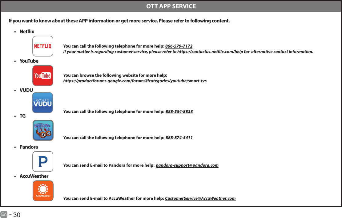       30En   -    If you want to know about these APP information or get more service. Please refer to following content.&bull; Netix You can call the following telephone for more help: 866-579-7172If your matter is regarding customer service, please refer to https://contactus.netix.com/help for  alternative contact information.&bull; YouTube You can browse the following website for more help:https://productforums.google.com/forum/#!categories/youtube/smart-tvs&bull; VUDU You can call the following telephone for more help: 888-554-8838&bull; TG You can call the following telephone for more help: 888-874-5411&bull; Pandora You can send E-mail to Pandora for more help: pandora-support@pandora.com&bull; AccuWeather You can send E-mail to AccuWeather for more help: CustomerService@AccuWeather.com  OTT APP SERVICE