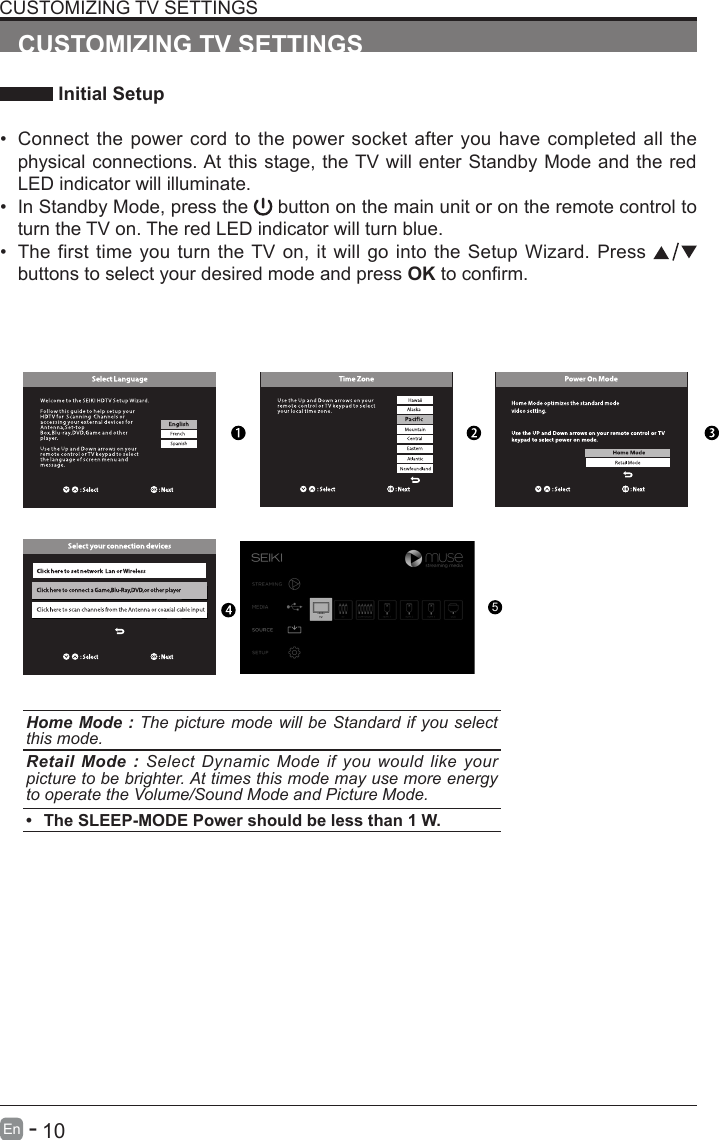       10En   -   CUSTOMIZING TV SETTINGS Initial Setup&bull; Connect the power cord to the power socket after you have completed all the physical connections. At this stage, the TV will enter Standby Mode and the red LED indicator will illuminate. &bull; In Standby Mode, press the   button on the main unit or on the remote control to turn the TV on. The red LED indicator will turn blue.&bull; The first time you turn the TV on, it will go into the Setup Wizard. Press   buttons to select your desired mode and press OKtoconrm.CUSTOMIZING TV SETTINGSHome Mode : The picture mode will be Standard if you select this mode.Retail Mode : Select Dynamic Mode if you would like your picture to be brighter. At times this mode may use more energy to operate the Volume/Sound Mode and Picture Mode. &bull; The SLEEP-MODE Power should be less than 1 W.5