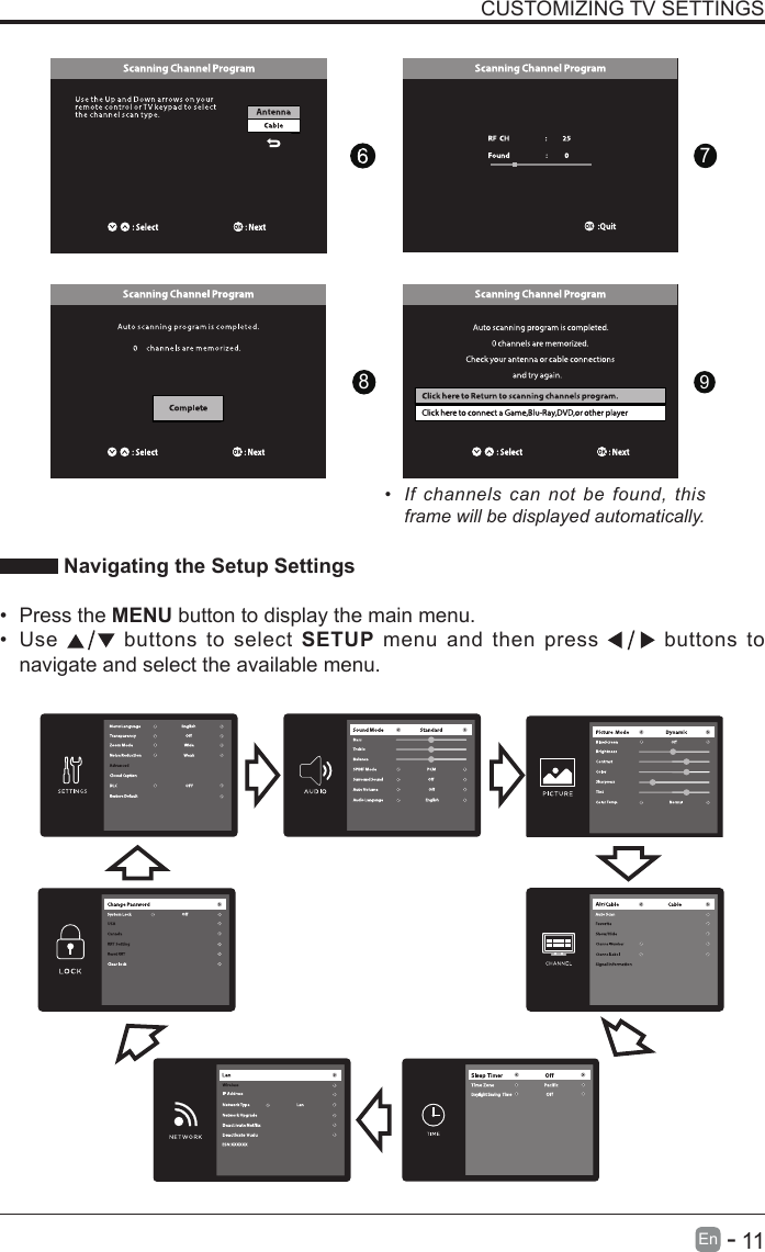       11En   -   CUSTOMIZING TV SETTINGS&bull; If channels can not be found, this frame will be displayed automatically.  Navigating the Setup Settings&bull; Press the MENU button to display the main menu. &bull; Use   buttons to select SETUP menu and then press   buttons to navigate and select the available menu.879