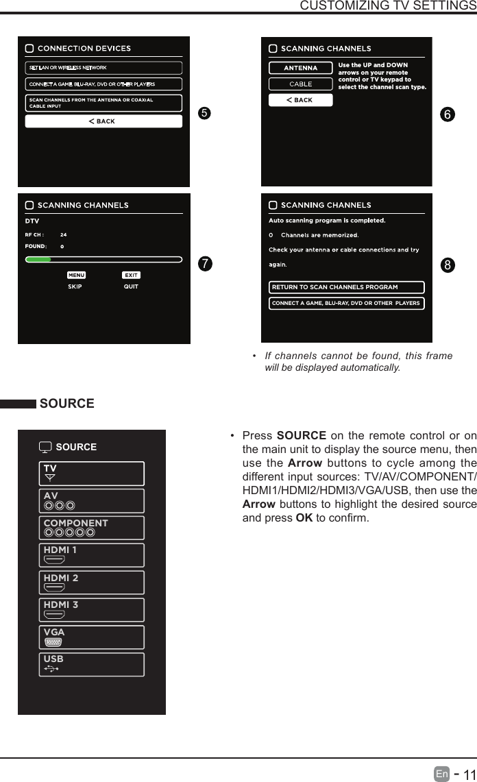       11En   -   CUSTOMIZING TV SETTINGS&bull;  If channels cannot be found, this frame will be displayed automatically. SOURCEHome Mode (Energy Saving) is the default as-shipped televisioncongurationandsettings.AndHomeMode(Energy Saving) is the setting in which the product qualiesforENERGYSTAR&reg;.Anychangestodefaultas-shippedtelevisioncongurationandsettingswouldchange the energy consumption. And enabling certain optional features and functionalities may increase energy consumption beyond the limits required for ENERGYSTAR&reg;qualication,asapplicable.Retail Mode: Select Retail Mode if you would like your picture to be brighter. At times this mode may use more energy to operate the Volume/Sound Mode and the Picture Mode. In this setting, the power consumption may possibly exceed the limited requirement of the ENERGYSTAR&reg;qualication.ENERGY STAR&reg; is a set of power-saving guidelines issued by the U.S. Environmental Protection Agency (EPA).ENERGY STAR&reg; is a joint program of the U.S. Environmental Protection Agency and the U.S. Department of Energy helping us all save money andprotect theenvironmentthroughenergy efcientproducts and pratices. &bull; The ON-MODE Power under Home Mode should belessthan64W.&bull; The SLEEP-MODE Power should be less than 0.5 W.&bull; Press SOURCE on the remote control or on the main unit to display the source menu, then use  the Arrow buttons  to cycle among the different input sources: TV/AV/COMPONENT/HDMI1/HDMI2/HDMI3/VGA/USB, then use the Arrow buttons to highlight the desired source and press OKtoconrm.SOURCETVAVCOMPONENTHDMI 1HDMI 2HDMI 3VGAUSBUse the UP and DOWN arrows on your remote control or TV keypad to select the channel scan type.RETURN TO SCAN CHANNELS PROGRAMCONNECT A GAME, BLU-RAY, DVD OR OTHER  PLAYERSQUITFOUND785