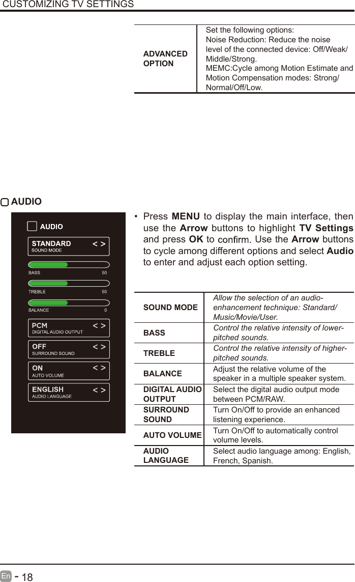       18En  -    AUDIOSOUND MODEAllow the selection of an audio-enhancement technique: Standard/Music/Movie/User.BASS Control the relative intensity of lower-pitched sounds.TREBLE Control the relative intensity of higher-pitched sounds.BALANCE Adjust the relative volume of the speaker in a multiple speaker system.DIGITAL AUDIO OUTPUTSelect the digital audio output mode between PCM/RAW.SURROUND SOUNDTurn On/Off to provide an enhanced listening experience.AUTO VOLUME Turn On/Off to automatically control volume levels.AUDIO LANGUAGESelect audio language among: English, French, Spanish.&bull;  Press  MENU  to display the main interface, then use the Arrow buttons  to highlight TV Settings and press OK to   Use the Arrow buttons to cycle among different options and select Audio to enter and adjust each option setting.CUSTOMIZING TV SETTINGSADVANCED OPTIONSet the following options:Noise Reduction: Reduce the noise level of the connected device: Off/Weak/Middle/Strong.MEMC:Cycle among Motion Estimate and Motion Compensation modes: Strong/ Normal/Off/Low.PCM