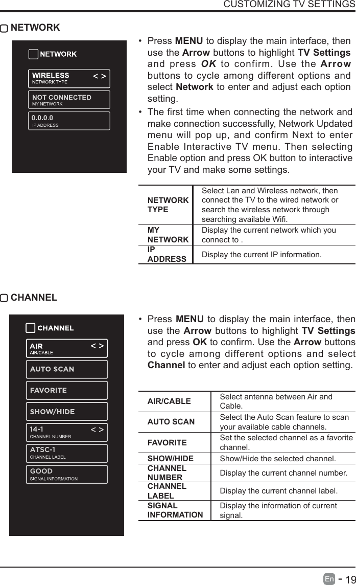       19En   -    CHANNELAIR/CABLE Select antenna between Air and Cable.AUTO SCAN Select the Auto Scan feature to scan your available cable channels.FAVORITE Set the selected channel as a favorite channel.SHOW/HIDE Show/Hide the selected channel.CHANNEL NUMBER Display the current channel number.CHANNEL LABEL Display the current channel label.SIGNAL INFORMATIONDisplay the information of current signal. NETWORKNETWORK TYPESelect Lan and Wireless network, then connect the TV to the wired network or search the wireless network through searchingavailableWi.MY NETWORKDisplay the current network which you connect to .IP ADDRESS Display the current IP information.&bull; Press MENU to display the main interface, then use the Arrow buttons to highlight TV Settings and press OK to confirm. Use the Arrow buttons to cycle among different options and select Network to enter and adjust each option setting.&bull; Press MENU to display the main interface, then use the Arrow buttons to highlight TV Settings and press OKtoconrm.UsetheArrow buttons to cycle among different options and select Channel to enter and adjust each option setting.&bull; Thersttimewhenconnectingthenetworkandmake connection successfully, Network Updated menu will pop up, and confirm Next to enter Enable Interactive TV menu. Then selecting Enable option and press OK button to interactive your TV and make some settings.CUSTOMIZING TV SETTINGS14-1ATSC-1GOOD