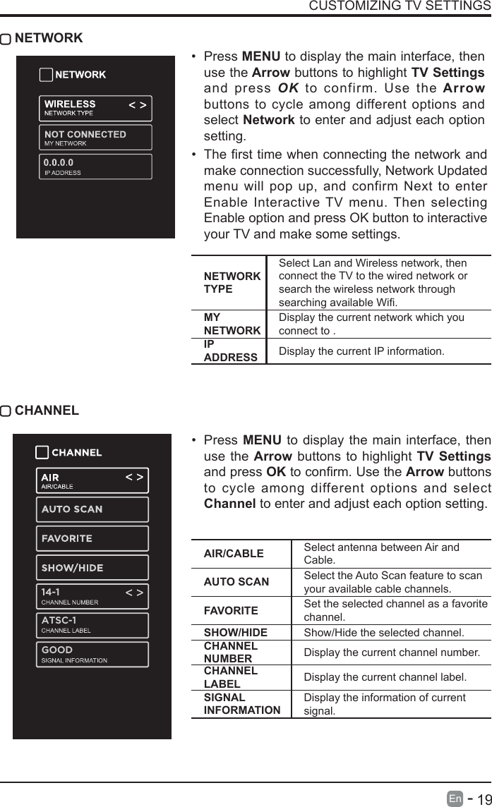       19En   -    CHANNELAIR/CABLE Select antenna between Air and Cable.AUTO SCAN Select the Auto Scan feature to scan your available cable channels.FAVORITE Set the selected channel as a favorite channel.SHOW/HIDE Show/Hide the selected channel.CHANNEL NUMBER Display the current channel number.CHANNEL LABEL Display the current channel label.SIGNAL INFORMATIONDisplay the information of current signal. NETWORKNETWORK TYPESelect Lan and Wireless network, then connect the TV to the wired network or search the wireless network through searchingavailableWi.MY NETWORKDisplay the current network which you connect to .IP ADDRESS Display the current IP information.• Press MENU to display the main interface, then use the Arrow buttons to highlight TV Settings and press OK to confirm. Use the Arrow buttons to cycle among different options and select Network to enter and adjust each option setting.• Press MENU to display the main interface, then use the Arrow buttons to highlight TV Settings and press OKtoconrm.UsetheArrow buttons to cycle among different options and select Channel to enter and adjust each option setting.• Thersttimewhenconnectingthenetworkandmake connection successfully, Network Updated menu will pop up, and confirm Next to enter Enable Interactive TV menu. Then selecting Enable option and press OK button to interactive your TV and make some settings.CUSTOMIZING TV SETTINGS14-1ATSC-1GOOD