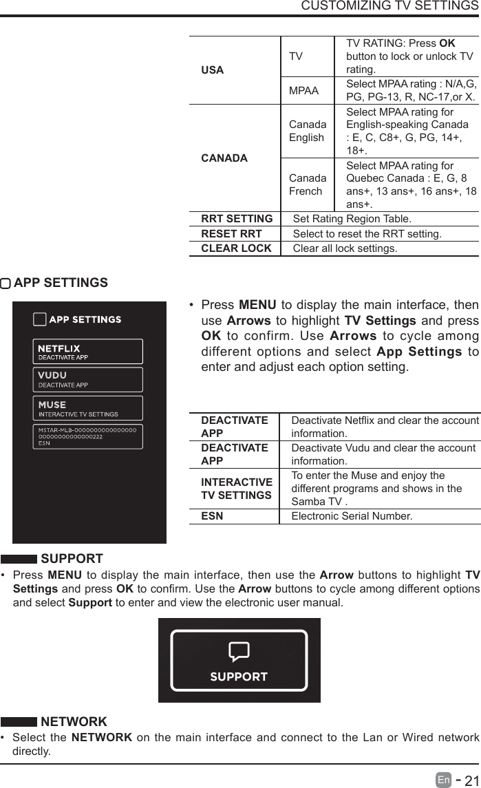       21En   -   USATVTV RATING: Press OK button to lock or unlock TV rating.MPAA Select MPAA rating : N/A,G, PG, PG-13, R, NC-17,or X.CANADACanada EnglishSelect MPAA rating for English-speaking Canada : E, C, C8+, G, PG, 14+, 18+.Canada FrenchSelect MPAA rating for Quebec Canada : E, G, 8 ans+, 13 ans+, 16 ans+, 18 ans+.RRT SETTING Set Rating Region Table.RESET RRT Select to reset the RRT setting.CLEAR LOCK Clear all lock settings. CUSTOMIZING TV SETTINGS APP SETTINGS&bull; Press MENU to display the main interface, then use Arrows to highlight TV Settings and press OK to confirm. Use Arrows to cycle among different options and select App Settings to enter and adjust each option setting.DEACTIVATE APPDeactivateNetixandcleartheaccountinformation.DEACTIVATE APPDeactivate Vudu and clear the account information.INTERACTIVE TV SETTINGSTo enter the Muse and enjoy the different programs and shows in the Samba TV .ESN Electronic Serial Number. SUPPORT&bull; Press MENU to display the main interface, then use the Arrow buttons to highlight TV Settings and press OKtoconrm.Usethe Arrow buttons to cycle among different options and select Support to enter and view the electronic user manual. NETWORK&bull; Select the NETWORK on the main interface and connect to the Lan or Wired network directly.