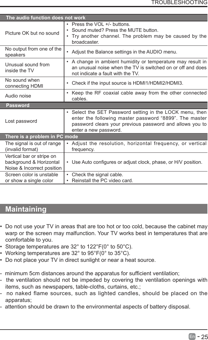       25En   -   TROUBLESHOOTINGThe audio function does not workPicture OK but no sound&bull; Press the VOL +/- buttons.&bull; Sound muted? Press the MUTE button.&bull; Try another channel. The problem may be caused by the broadcaster.No output from one of the speakers &bull; Adjust the Balance settings in the AUDIO menu.Unusual sound from inside the TV&bull; A change in ambient humidity or temperature may result in an unusual noise when the TV is switched on or off and does not indicate a fault with the TV. No sound when connecting HDMI &bull; Check if the input source is HDMI1/HDMI2/HDMI3.Audio noise &bull; Keep the RF coaxial cable away from the other connected cables.PasswordLost password&bull; Select the SET Password setting in the LOCK menu, then enter the following master password &ldquo;8899&rdquo;. The master password clears your previous password and allows you to enter a new password.There is a problem in PC modeThe signal is out of range (invalid format)&bull; Adjust the resolution, horizontal frequency, or vertical frequency.Vertical bar or stripe on background &amp; Horizontal Noise &amp; Incorrect position&bull; UseAutoconguresoradjustclock,phase,orH/Vposition.Screen color is unstable or show a single color&bull; Check the signal cable.&bull; Reinstall the PC video card.Maintaining&bull; Do not use your TV in areas that are too hot or too cold, because the cabinet may warp or the screen may malfunction. Your TV works best in temperatures that are comfortable to you.&bull; Storage temperatures are 32&deg; to 122&deg;F(0&deg; to 50&deg;C).&bull; Working temperatures are 32&deg; to 95&deg;F(0&deg; to 35&deg;C).&bull; Do not place your TV in direct sunlight or near a heat source.-minimum5cmdistancesaroundtheapparatusforsufcientventilation;-  the ventilation should not be impeded by covering the ventilation openings with items, such as newspapers, table-cloths, curtains, etc.;-  no naked flame sources, such as lighted candles, should be placed on the apparatus;-  attention should be drawn to the environmental aspects of battery disposal.