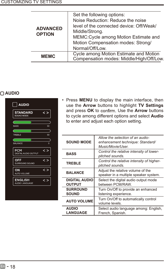       18En  -    AUDIOSOUND MODEAllow the selection of an audio-enhancement technique: Standard/Music/Movie/User.BASS Control the relative intensity of lower-pitched sounds.TREBLE Control the relative intensity of higher-pitched sounds.BALANCE Adjust the relative volume of the speaker in a multiple speaker system.DIGITAL AUDIO OUTPUTSelect the digital audio output mode between PCM/RAW.SURROUND SOUNDTurn On/Off to provide an enhanced listening experience.AUTO VOLUME Turn On/Off to automatically control volume levels.AUDIO LANGUAGESelect audio language among: English, French, Spanish.&bull;  Press  MENU  to display the main interface, then use the Arrow buttons  to highlight TV Settings and press OK to   Use the Arrow buttons to cycle among different options and select Audio to enter and adjust each option setting.CUSTOMIZING TV SETTINGSPCMMEMC Cycle among Motion Estimate and Motion Compensation modes: Middle/High/Off/Low.ADVANCED OPTIONSet the following options:Noise Reduction: Reduce the noise level of the connected device: Off/Weak/Middle/Strong.MEMC:Cycle among Motion Estimate and Motion Compensation modes: Strong/ Normal/Off/Low.