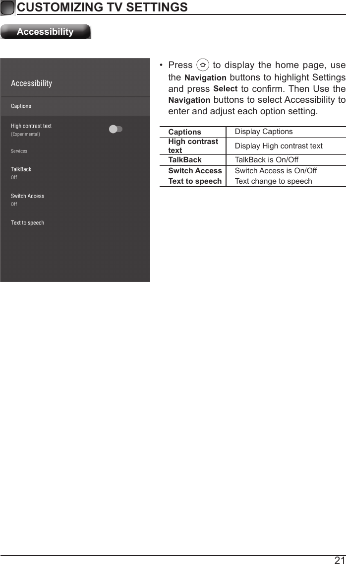 21CUSTOMIZING TV SETTINGSAccessibilityCaptions Display CaptionsHigh contrast text Display High contrast textTalkBack TalkBack is On/OffSwitch Access Switch Access is On/OffText to speech Text change to speech&bull;  Press   to display the home page, use the Navigation buttons to highlight Settings and press Select to conrm. Then Use the Navigation buttons to select Accessibility to enter and adjust each option setting.