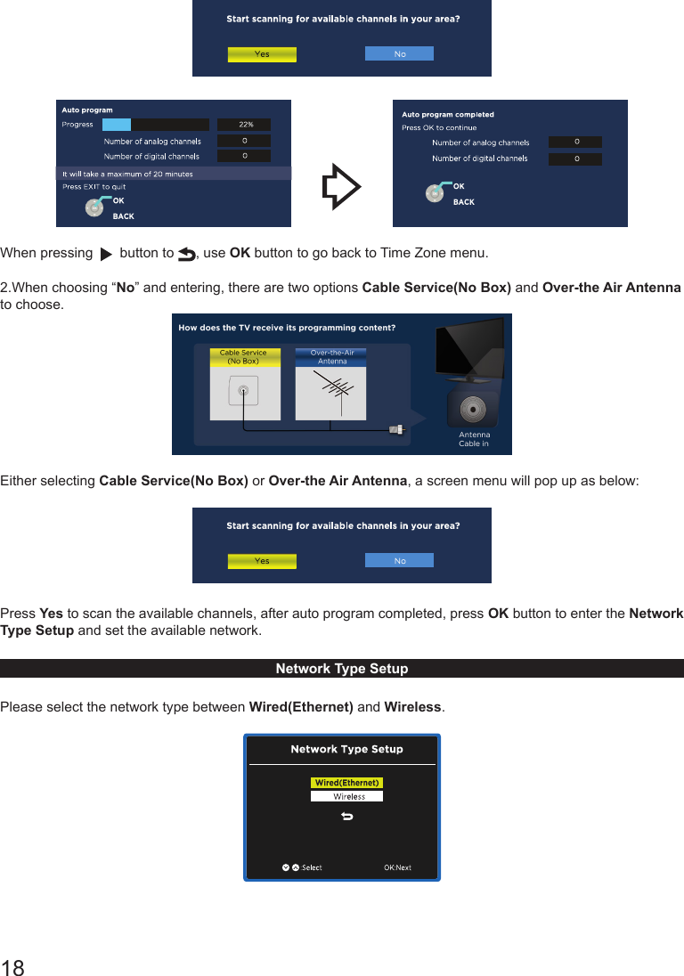 18                  When pressing     button to  , use OK button to go back to Time Zone menu.2.When choosing &ldquo;No&rdquo; and entering, there are two options Cable Service(No Box) and Over-the Air Antenna to choose.Either selecting Cable Service(No Box) or Over-the Air Antenna, a screen menu will pop up as below: Press Yes to scan the available channels, after auto program completed, press OK button to enter the Network Type Setup and set the available network.Network Type SetupPlease select the network type between Wired(Ethernet) and Wireless. 