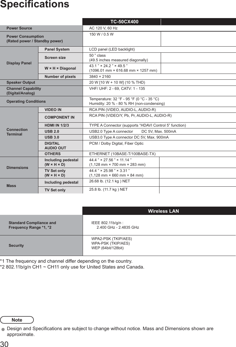 30SpecicationsTC-50CX400Power Source AC 120 V, 60 HzPower Consumption(Rated power / Standby power)150 W / 0.5 WDisplay PanelPanel System LCD panel (LED backlight)Screen size 50 &rdquo; class(49.5 inches measured diagonally)W &times; H &times; Diagonal 43.1 &rdquo; &times; 24.2 &rdquo; &times; 49.5 &rdquo;(1096.01 mm &times; 616.68 mm &times; 1257 mm)Number of pixels 3840 &times; 2160Speaker Output 20 W [10 W + 10 W] (10 % THD)Channel Capability(Digital/Analog)VHF/ UHF: 2 - 69, CATV: 1 - 135Operating Conditions Temperature: 32 &deg;F - 95 &deg;F (0 &deg;C - 35 &deg;C)        Humidity: 20 % - 80 % RH (non-condensing)ConnectionTerminalVIDEO IN RCA PIN (VIDEO, AUDIO-L, AUDIO-R)COMPONENT IN RCA PIN (VIDEO/Y, Pb, Pr, AUDIO-L, AUDIO-R)HDMI IN 1/2/3 TYPE A Connector (supports &ldquo;HDAVI Control 5&rdquo; function)USB 2.0 USB2.0 Type A connector        DC 5V, Max. 500mAUSB 3.0 USB3.0 Type A connector DC 5V, Max. 900mADIGITAL AUDIO OUTPCM / Dolby Digital, Fiber OpticOTHERS ETHERNET (10BASE-T/100BASE-TX)DimensionsIncluding pedestal(W &times; H &times; D)44.4 &rdquo; &times; 27.56 &rdquo; &times; 11.14 &rdquo;(1,128 mm &times; 700 mm &times; 283 mm)TV Set only(W &times; H &times; D)44.4 &rdquo; &times; 25.98 &rdquo; &times; 3.31 &rdquo;(1,128 mm &times; 660 mm &times; 84 mm)Mass Including pedestal 26.68 lb. (12.1 kg ) NETTV Set only 25.8 lb. (11.7 kg ) NET Wireless LANStandard Compliance andFrequency Range *1, *2IEEE 802.11b/g/n :         2.400 GHz - 2.4835 GHzSecurityWPA2-PSK (TKIP/AES)WPA-PSK (TKIP/AES)WEP (64bit/128bit)*1 The frequency and channel differ depending on the country.*2 802.11b/g/n CH1 ~ CH11 only use for United States and Canada.NoteDesign and Specications are subject to change without notice. Mass and Dimensions shown are approximate.