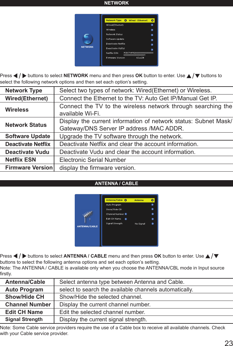       23NETWORKPress   buttons to select NETWORK menu and then press OK button to enter. Use   buttons to select the following network options and then set each option&rsquo;s setting.Network Type Select two types of network: Wired(Ethernet) or Wireless. Wired(Ethernet) Connect the Ethernet to the TV: Auto Get IP/Manual Get IP. Wireless Connect the TV to the wireless network through searching the available Wi-Fi.Network Status Display the current information of network status: Subnet Mask/Gateway/DNS Server IP address /MAC ADDR.Software Update Upgrade the TV software through the network.Deactivate Netix Deactivate Netix and clear the account information.Deactivate Vudu Deactivate Vudu and clear the account information.Netix ESN Electronic Serial NumberFirmware Version display the rmware version.ANTENNA / CABLEPress   buttons to select ANTENNA / CABLE menu and then press OK button to enter. Use   buttons to select the following antenna options and set each option&rsquo;s setting.Note: The ANTENNA / CABLE is available only when you choose the ANTENNA/CBL mode in Input source rstly.Antenna/Cable Select antenna type between Antenna and Cable.Auto Program select to search the available channels automatically.Show/Hide CH Show/Hide the selected channel.Channel Number Display the current channel number.Edit CH Name Edit the selected channel number.Signal Strength Display the current signal strength.Note: Some Cable service providers require the use of a Cable box to receive all available channels. Check with your Cable service provider.