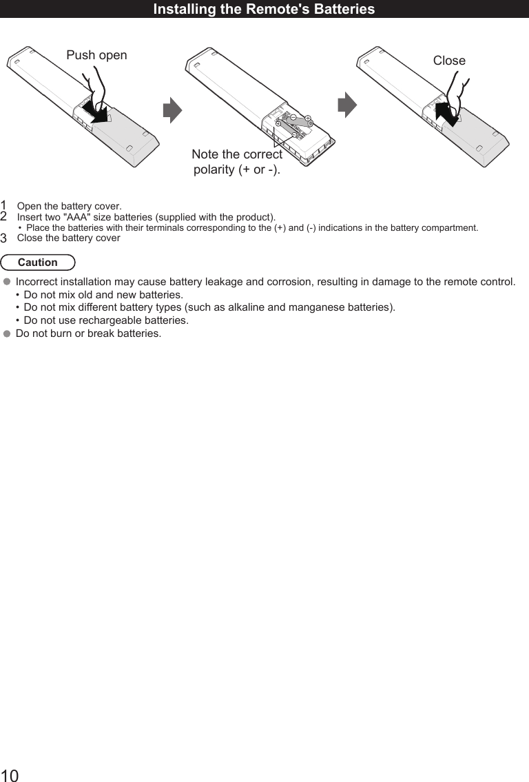 10Installing the Remote's BatteriesPush open CloseNote the correct polarity (+ or -).1  Open the battery cover.2  Insert two "AAA" size batteries (supplied with the product).&bull;  Place the batteries with their terminals corresponding to the (+) and (-) indications in the battery compartment.3  Close the battery coverCautionIncorrect installation may cause battery leakage and corrosion, resulting in damage to the remote control. &bull;  Do not mix old and new batteries.&bull;  Do not mix different battery types (such as alkaline and manganese batteries).&bull;  Do not use rechargeable batteries. Do not burn or break batteries.