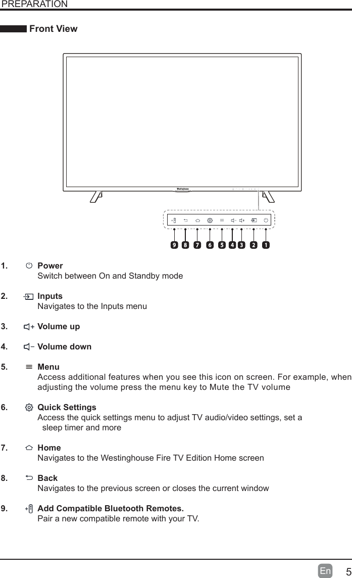 1.   Power    Switch between On and Standby mode2.     Inputs    Navigates to the Inputs menu3.     Volume up4.     Volume down5.     Menu    Access additional features when you see this icon on screen. For example, when    adjusting the volume press the menu key to Mute the TV volume6.   Quick Settings    Access the quick settings menu to adjust TV audio/video settings, set a     sleep timer and more7.     Home    Navigates to the Westinghouse Fire TV Edition Home screen8.     Back   Navigates to the previous screen or closes the current window9.     Add Compatible Bluetooth Remotes.    Pair a new compatible remote with your TV.5En  PREPARATION Front View