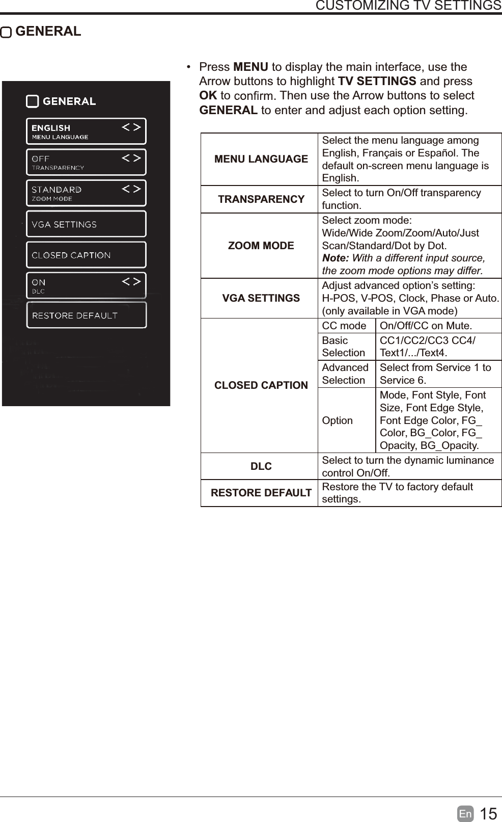 15En  CUSTOMIZING TV SETTINGSMENU LANGUAGESelect the menu language amongEnglish, Fran&ccedil;ais or Espa&ntilde;ol. Thedefault on-screen menu language isEnglish.TRANSPARENCY Select to turn On/Off transparencyfunction.ZOOM MODESelect zoom mode:Wide/Wide Zoom/Zoom/Auto/JustScan/Standard/Dot by Dot.Note: r.VGA SETTINGSAdjust advanced option&rsquo;s setting:H-POS, V-POS, Clock, Phase or Auto.(only available in VGA mode)CLOSED CAPTIONCC mode On/Off/CC on Mute.BasicSelectionCC1/CC2/CC3 CC4/Text1/.../Text4.AdvancedSelectionSelect from Service 1 toService 6.OptionMode, Font Style, FontSize, Font Edge Style,Font Edge Color, FG_Color, BG_Color, FG_Opacity, BG_Opacity.DLC Select to turn the dynamic luminancecontrol On/Off.RESTORE DEFAULT Restore the TV to factory defaultsettings. GENERAL Press MENU to display the main interface, use theArrow buttons to highlight TV SETTINGS and pressOK to Then use the Arrow buttons to selectGENERAL to enter and adjust each option setting.
