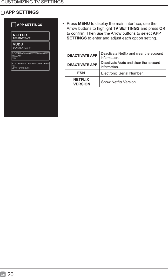 20En  CUSTOMIZING TV SETTINGS APP SETTINGS Press MENU to display the main interface, use the Arrow buttons to highlight TV SETTINGS and press OK APP SETTINGS to enter and adjust each option setting.ESN Electronic Serial Number.NETFLIX VERSION Show Version